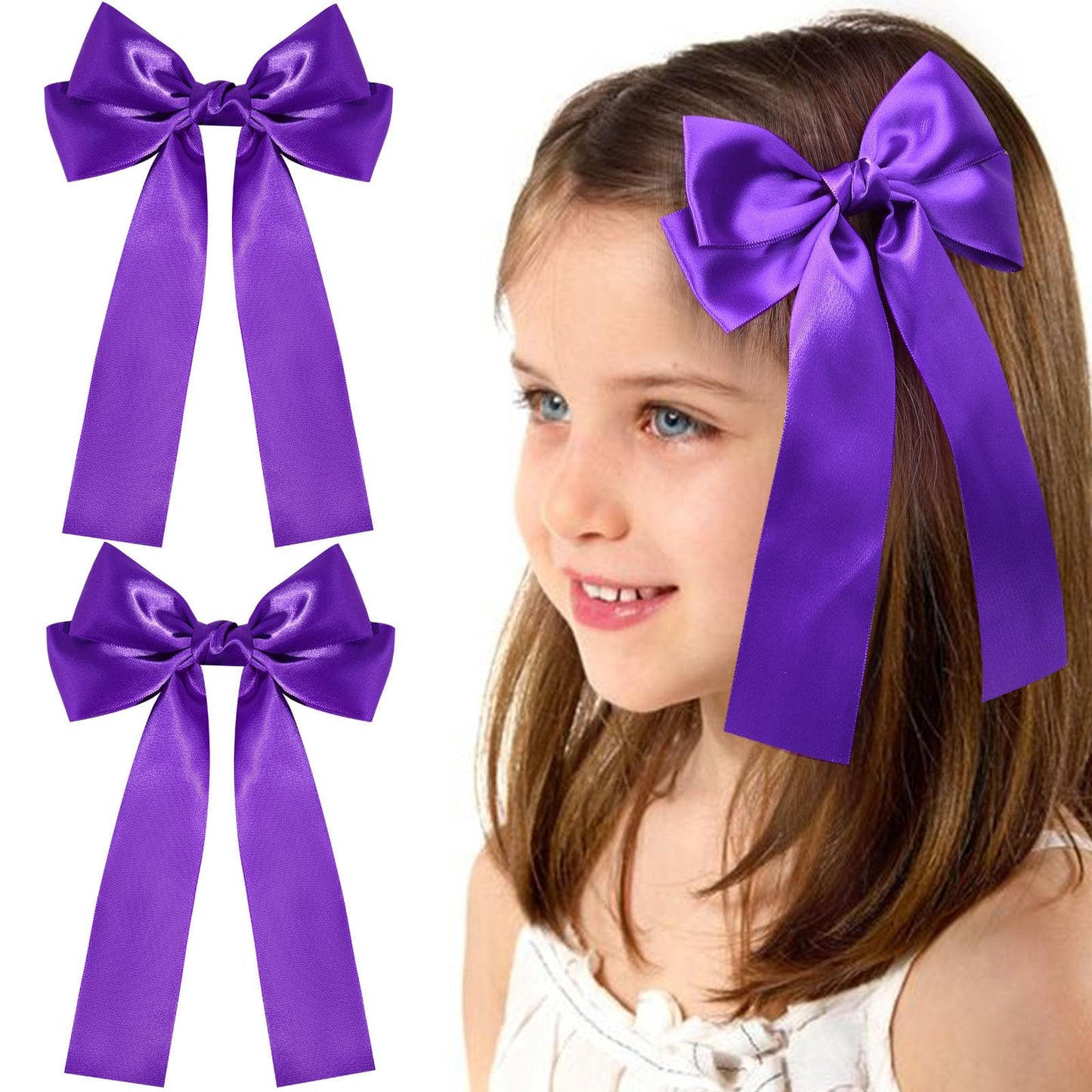 NCMAMA 2Pcs Purple Hair Bows for Girls Hair Clip Silk Hair Bow Ribbon Hair Accessories for Women Toddlers Infant Teens Kids (Purple)