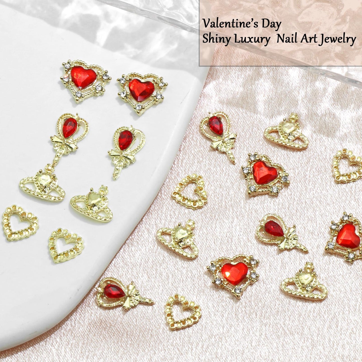 RODAKY 40PCS Valentine's Day 3D Heart Charms Gold Nail Charms Red Crystal Rhinestone Nail Jewels Hollow Heart Crown Shape Nail Gems Decoration Nail Art Supplies for Women and Girls