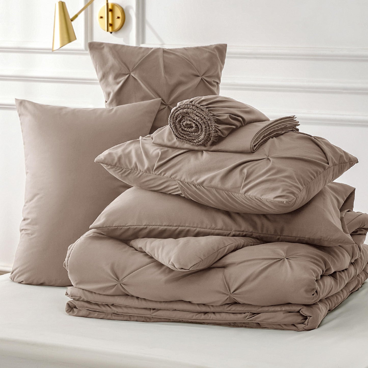 Bedsure Twin Comforter Set with Sheets - 5 Pieces Twin Bedding Sets, Pinch Pleat Khaki Twin Bed in a Bag with Comforter, Sheets, Pillowcase & Sham, Kids Bedding Set