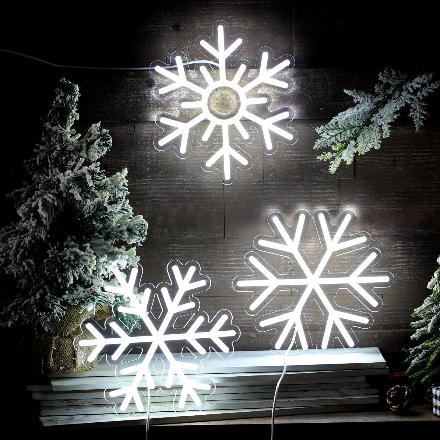 Treela 3 Pcs Christmas Neon Sign White Snowflake Neon Sign Christmas Window Decorations Light up Room Sign LED Neon Sign Light USB Wall Bar Living Room Decor for Winter Party Home Bedroom Office Art