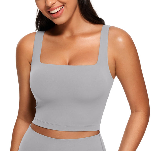 CRZ YOGA Butterluxe Womens Square Neck Longline Sports Bra - Workout Crop Tank Tops Padded with Built in Shelf Yoga Bra Rhino Grey Medium