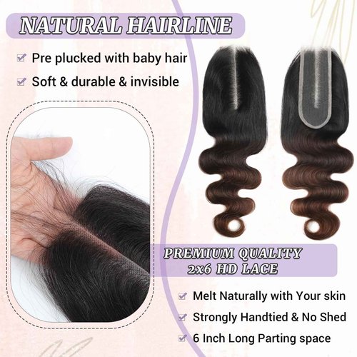 DSEKCAIN 2x6 HD Lace Closure T1B/2/30 Chestnut Brown Ombre Body Wave 2x6 Transparent Lace Closure 3 Tone Ombre Medium Auburn Colored 100% Virgin Human Hair 150% Density 14 Inch