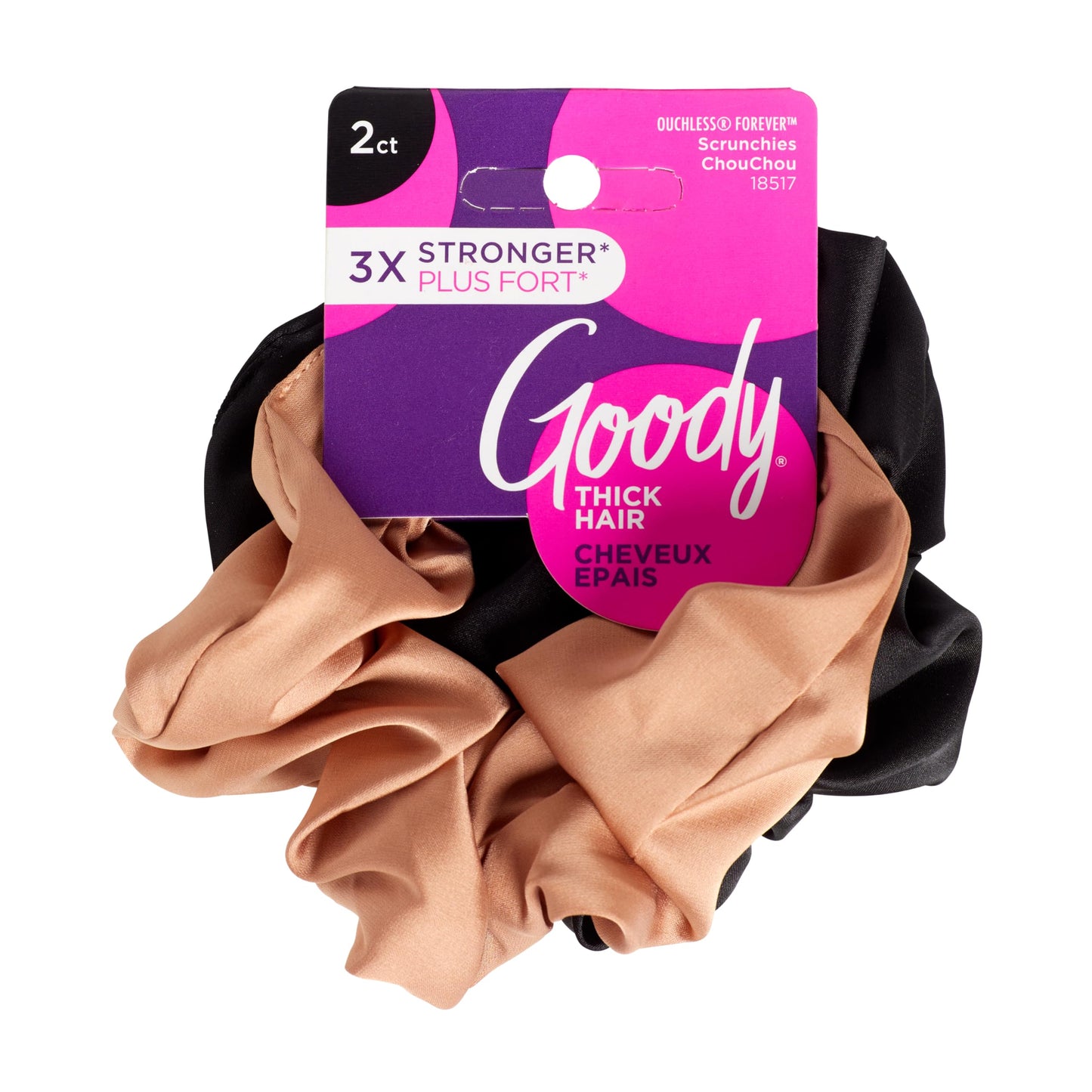 Goody Ouchless Forever Satin Scrunchies - 2 Ct, Brown & Black, 3X Stronger Damage-Free Hold Hair Scrunchies, 16 Strand Inner Core, Hair Accessories for Women & Men, For Medium-Thick Hair