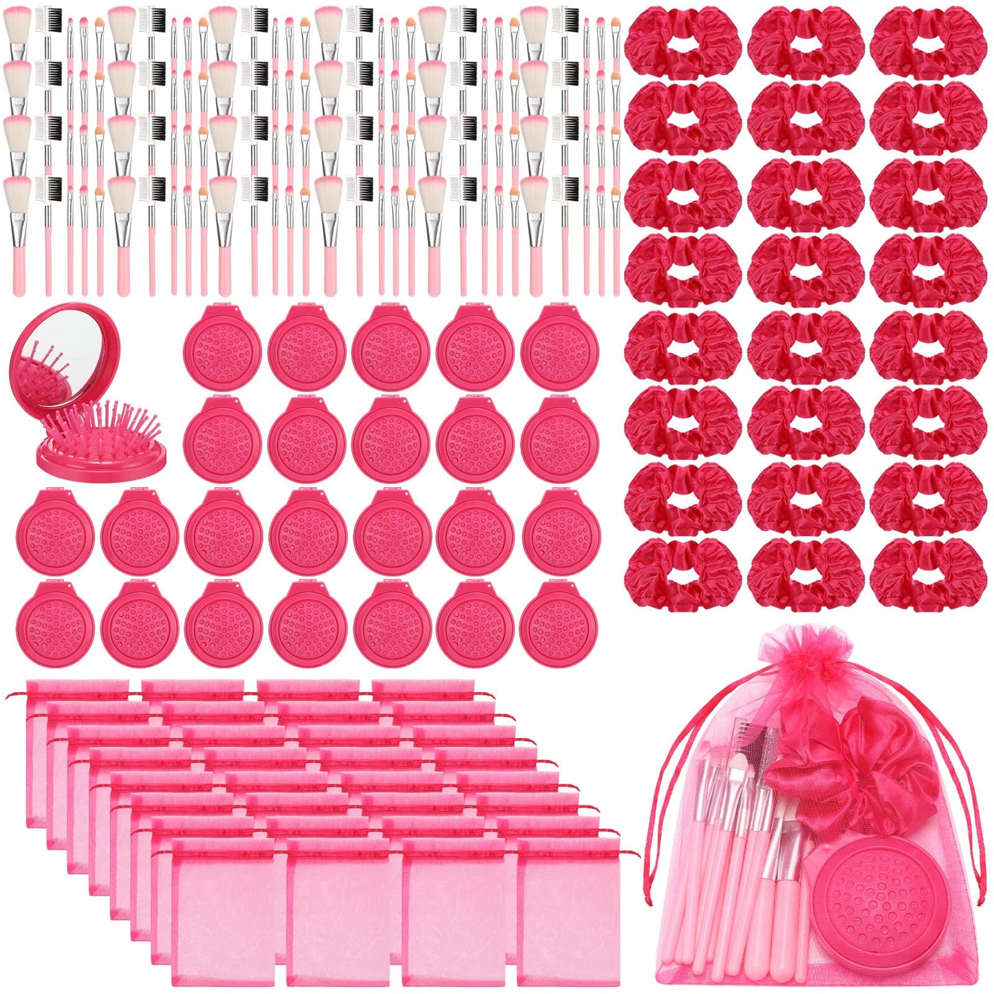 SiliFine Pink Girl Party Favors Girl Makeup Party Favor Party Supplies Set Includes Pink Gauze Bags, Pink Hair Scrunchies, Foldable Mirror Hair Brushes, Makeup Brushes Toys (96 Pcs)