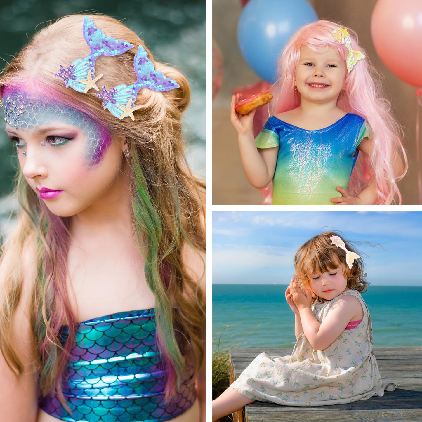 YARIEW Sparkly Sequin Mermaid-Inspired Hair Clips Set - Seashell, Fish Tail, Starfish Clips and Barrettes for Little Girls' Mermaid Birthday Party Decorations (Set 4)