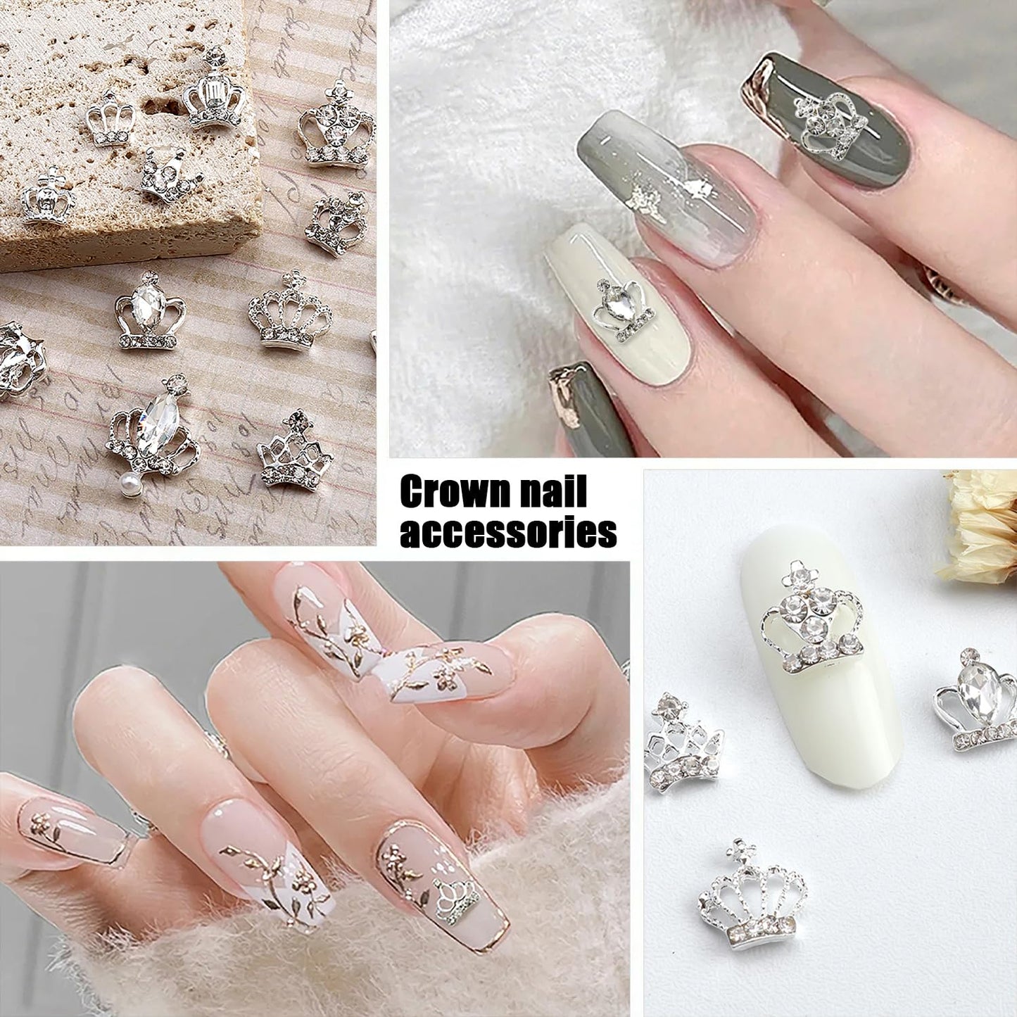 DANNEASY 32pcs 3D Silver Crown Nail Charms Crown Nail Rhinestone Crystal Nail Gems Alloy Nail Jewels Nail Studs Nail Art Decoration Charms for Nails Craft Making Jewelry Nail Supplies