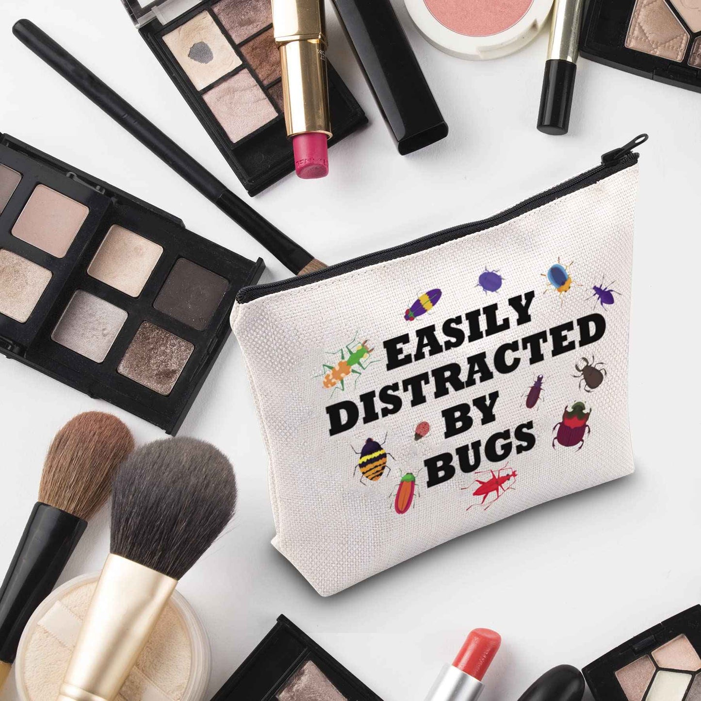 G2TUP Bug Lover Cosmetic Bag - Insect Collector Gift - Easily Distracted By Bugs White Travel Bag With Zipper