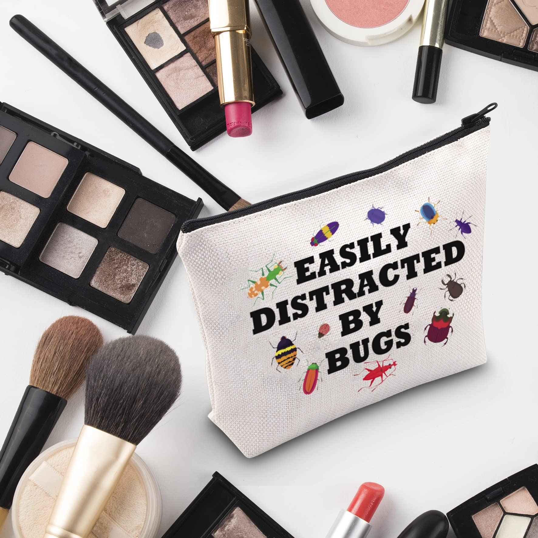 G2TUP Bug Lover Cosmetic Bag - Insect Collector Gift - Easily Distracted By Bugs White Travel Bag With Zipper