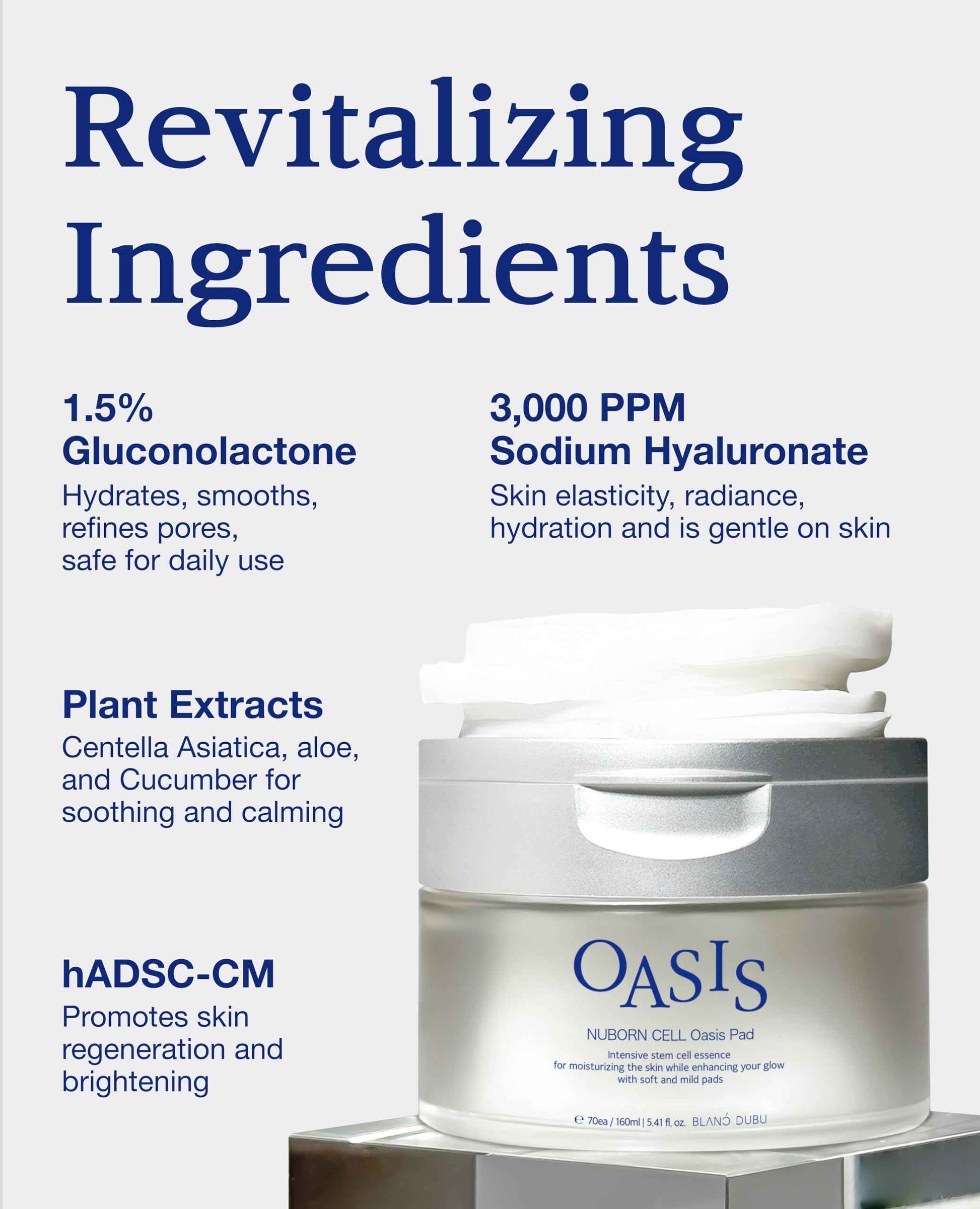 BLANC DUBU Nuborn Cell Oasis Pad | Korean Skin Care Toner Pads with Stem Cell Serum & PHA | Hydrating Face Cleansing Pads for Glowing Skin, 70 Count