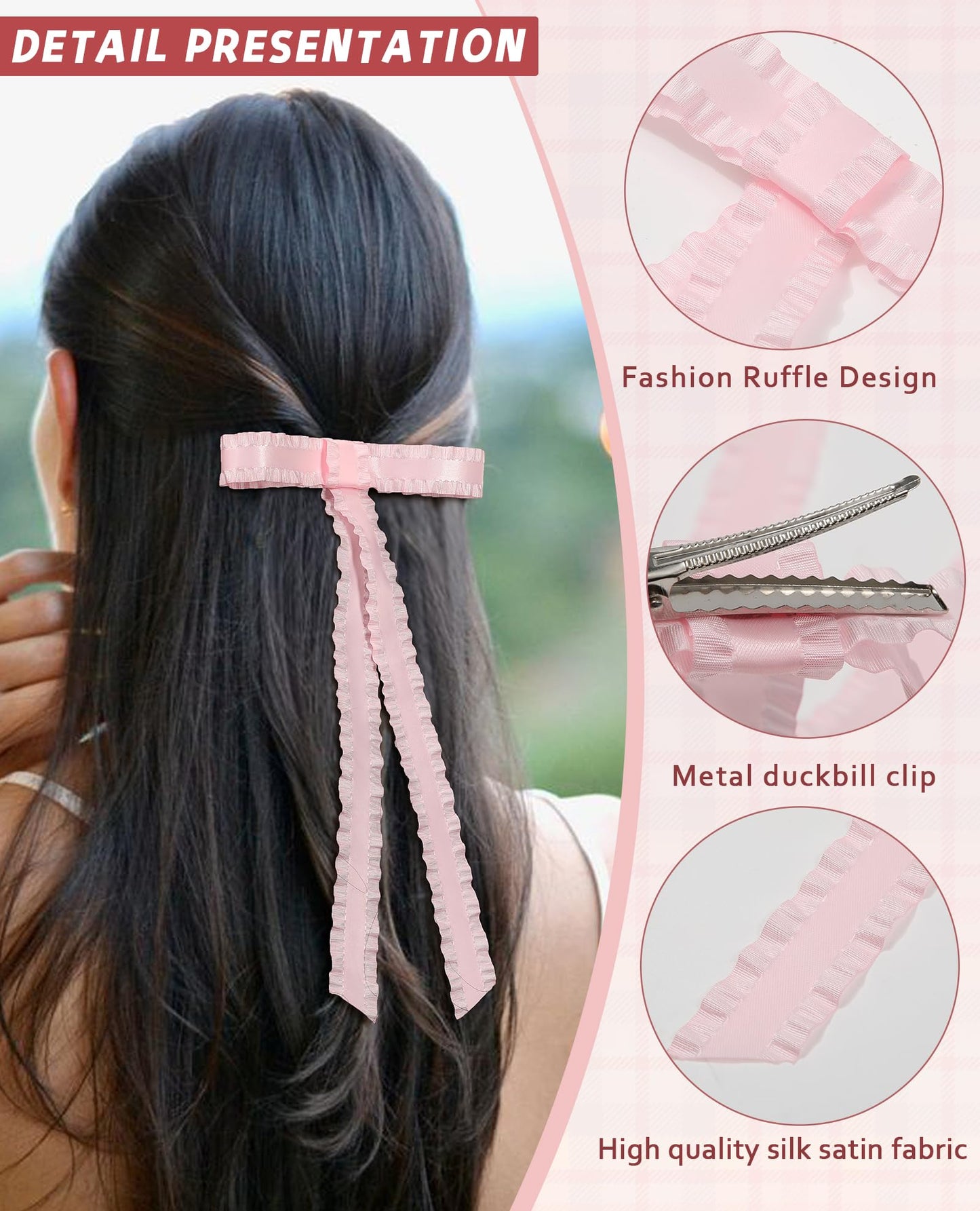 6 PCS Hair Bow Clips for Women-Silky Satin Hair Ribbon Hair Bow Clips Tassel Bowknot Hair Clips with Long Tail Hair Barrettes with Bow Accessories for Women Girls(Pink+Black+Beige)