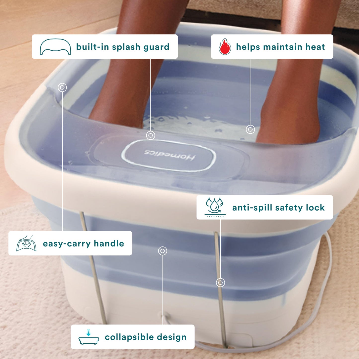 Homedics Smart Space Essential Collapsible Footbath, Invigorating Bubble Massage, Heatkeep Technology, Patented Collapsible Design, Safety-Lock System, Safe for Bath Salts, Bath Salts Included