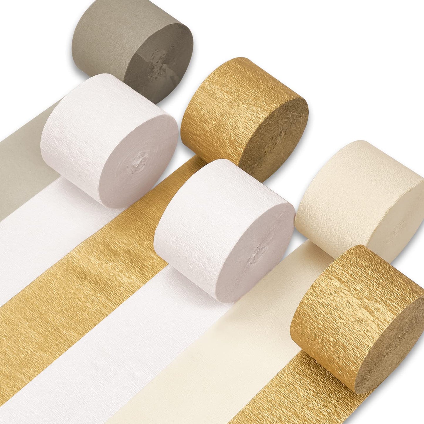 PartyWoo Crepe Paper Streamers 6 Rolls 492ft, Pack of Metallic Gold, Ivory, Sand White, White Crepe Paper for Birthday Decorations, Party Decorations, Baby Shower Decorations (1.8 Inch x 82 Ft/Roll)