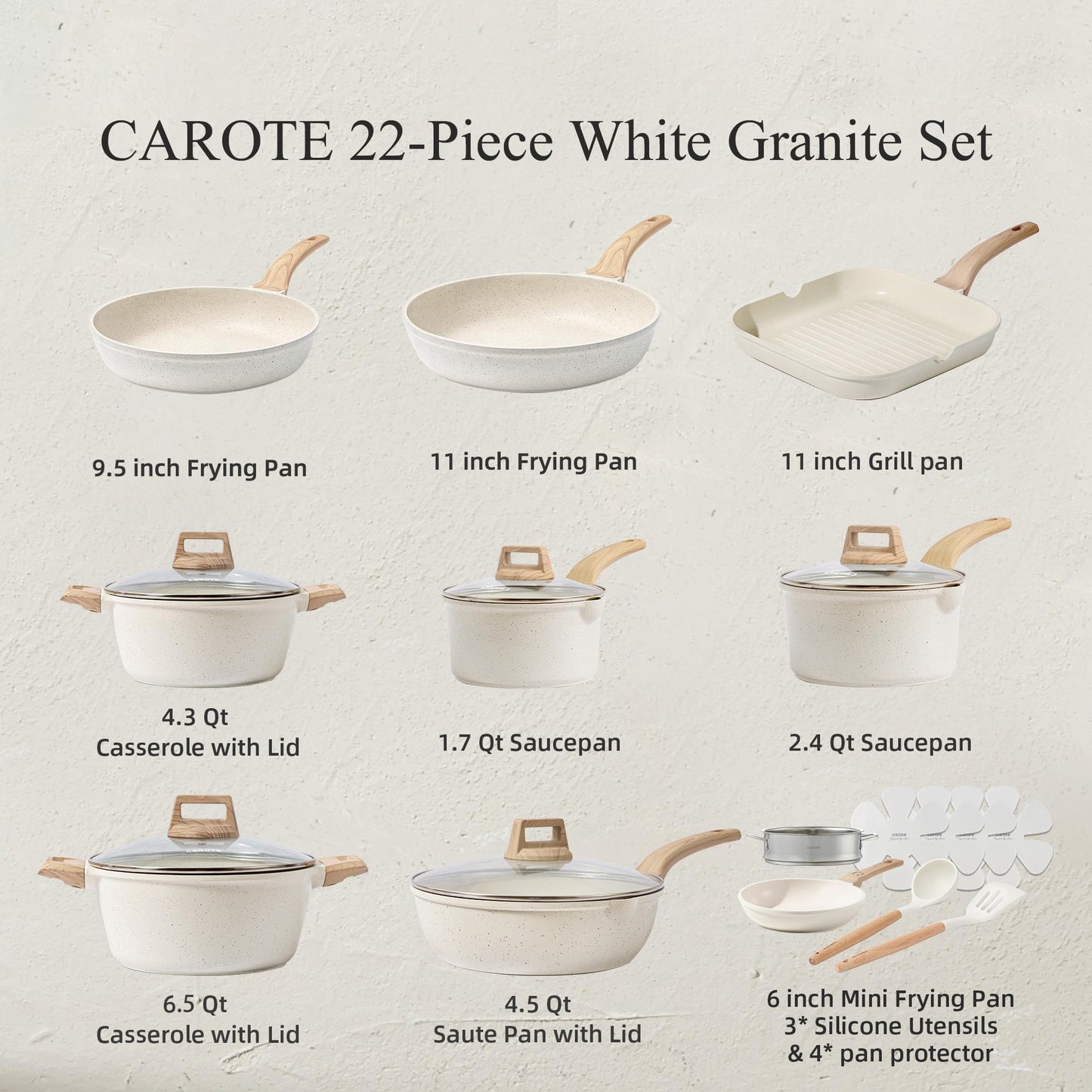 CAROTE 22pcs Pots and Pans Set Nonstick, Cookware Set White Granite Induction Kitchen Cooking Set w/Frying Pans & Saucepans& Grill Pan(PFOS, PFOA Free)