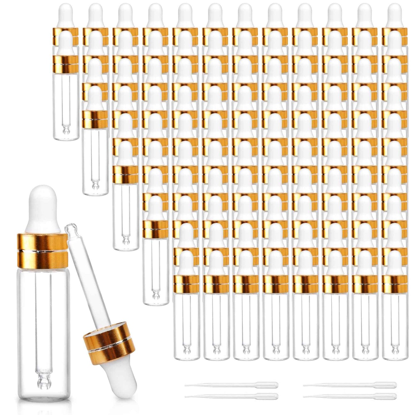 Comrzor 100 Pack 5ml Clear Glass Dropper Bottles with 4 Pcs Plastic Droppers, Mini Sample Dropper Bottles for Essential Oils Perfume Cosmetic Liquid, Empty Travel Sample Vials with Gold Cap