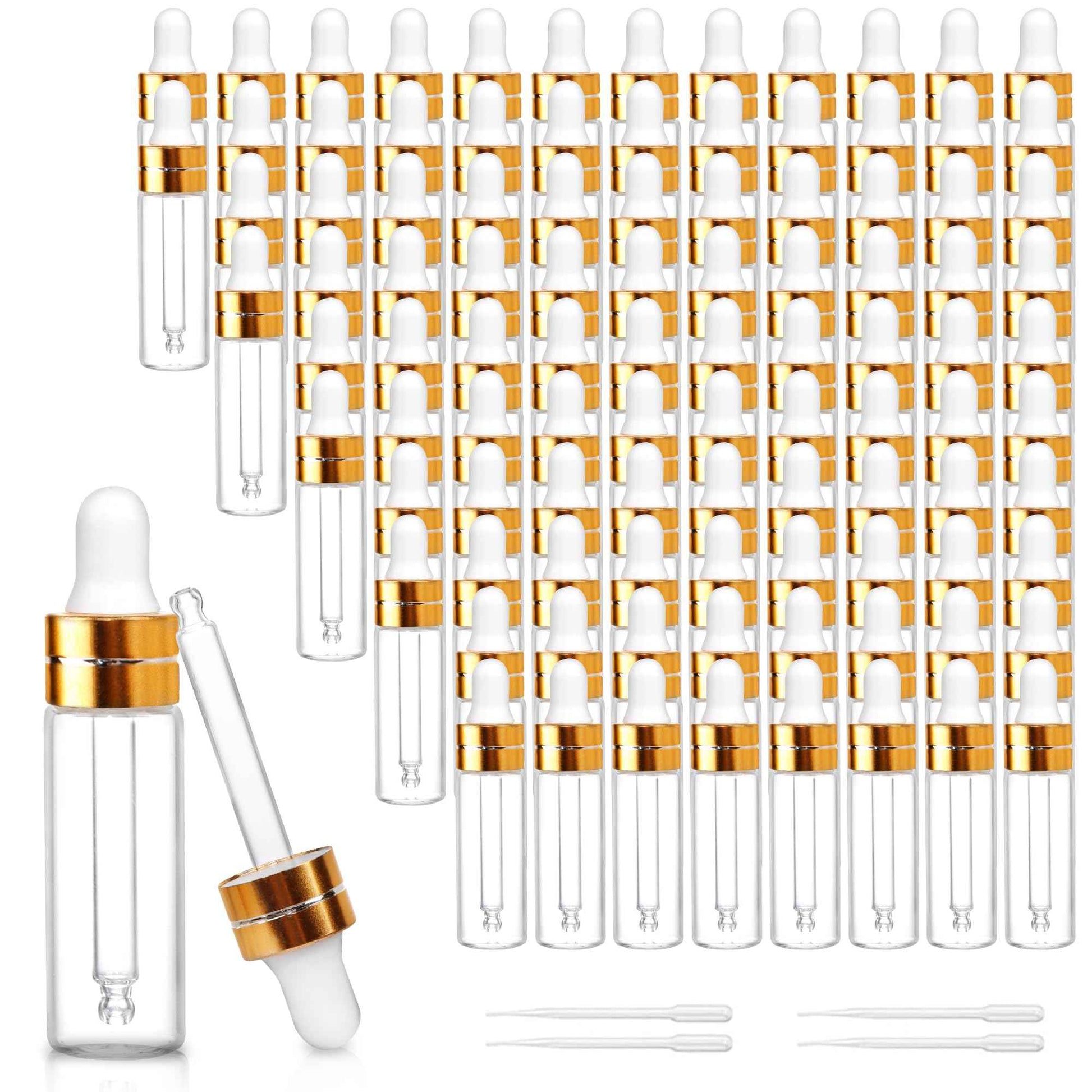 Comrzor 100 Pack 5ml Clear Glass Dropper Bottles with 4 Pcs Plastic Droppers, Mini Sample Dropper Bottles for Essential Oils Perfume Cosmetic Liquid, Empty Travel Sample Vials with Gold Cap