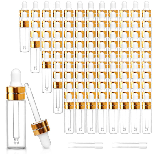 Comrzor 100 Pack 5ml Clear Glass Dropper Bottles with 4 Pcs Plastic Droppers, Mini Sample Dropper Bottles for Essential Oils Perfume Cosmetic Liquid, Empty Travel Sample Vials with Gold Cap