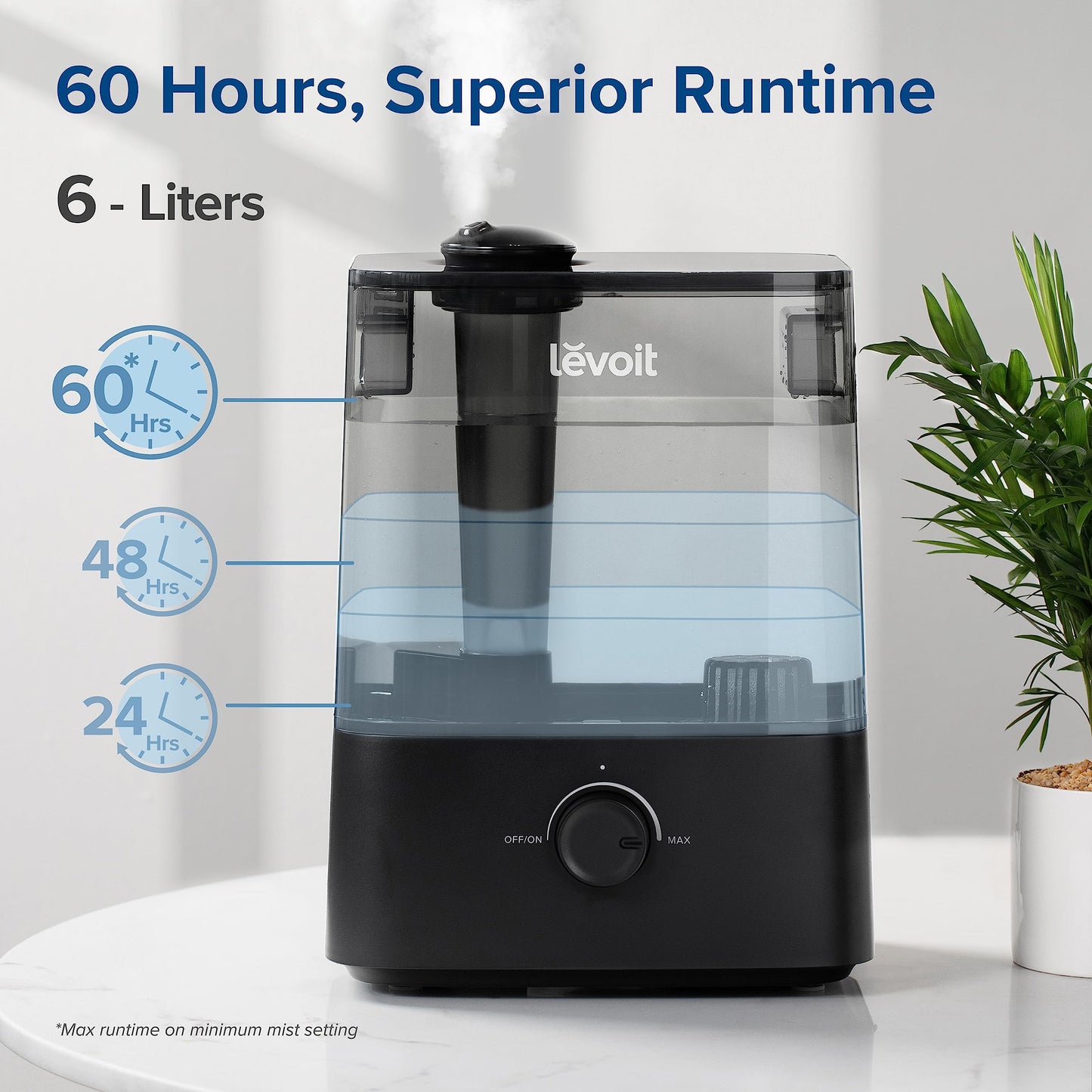 LEVOIT 6L Extra Large Humidifier for Bedroom Large Room Home, Cool Mist Last 60-Hour, Top Fill, Super Easy to Use and Clean, 360 Rotation Nozzle, Knob Control, Auto Shut Off, Quiet