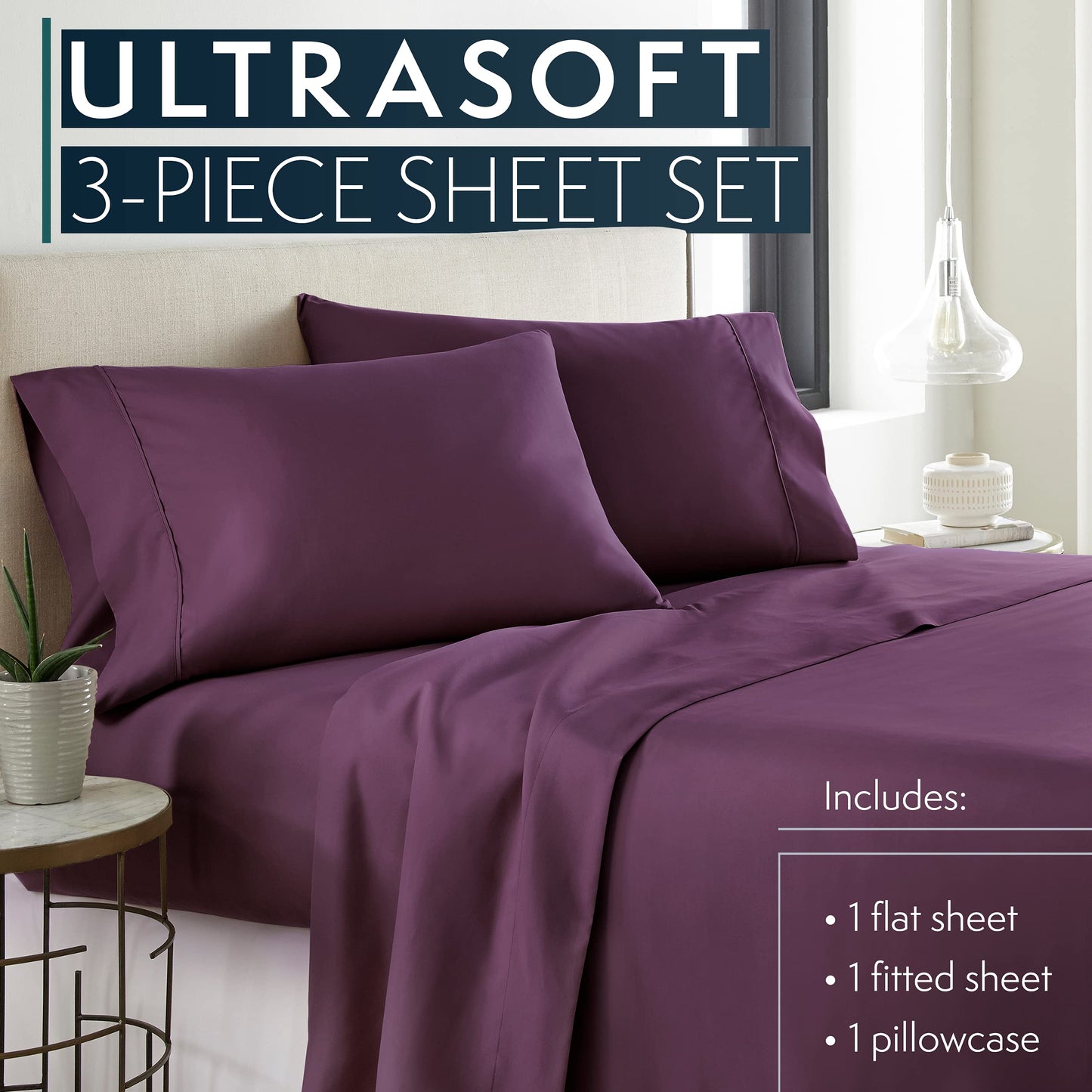 Twin Sheets Set, 3 pc Bed Sheets & Pillowcase Set - Machine Washable for Easy Care - Soft & Breathable All Season Microfiber Sheets with Deep Pockets - Purple