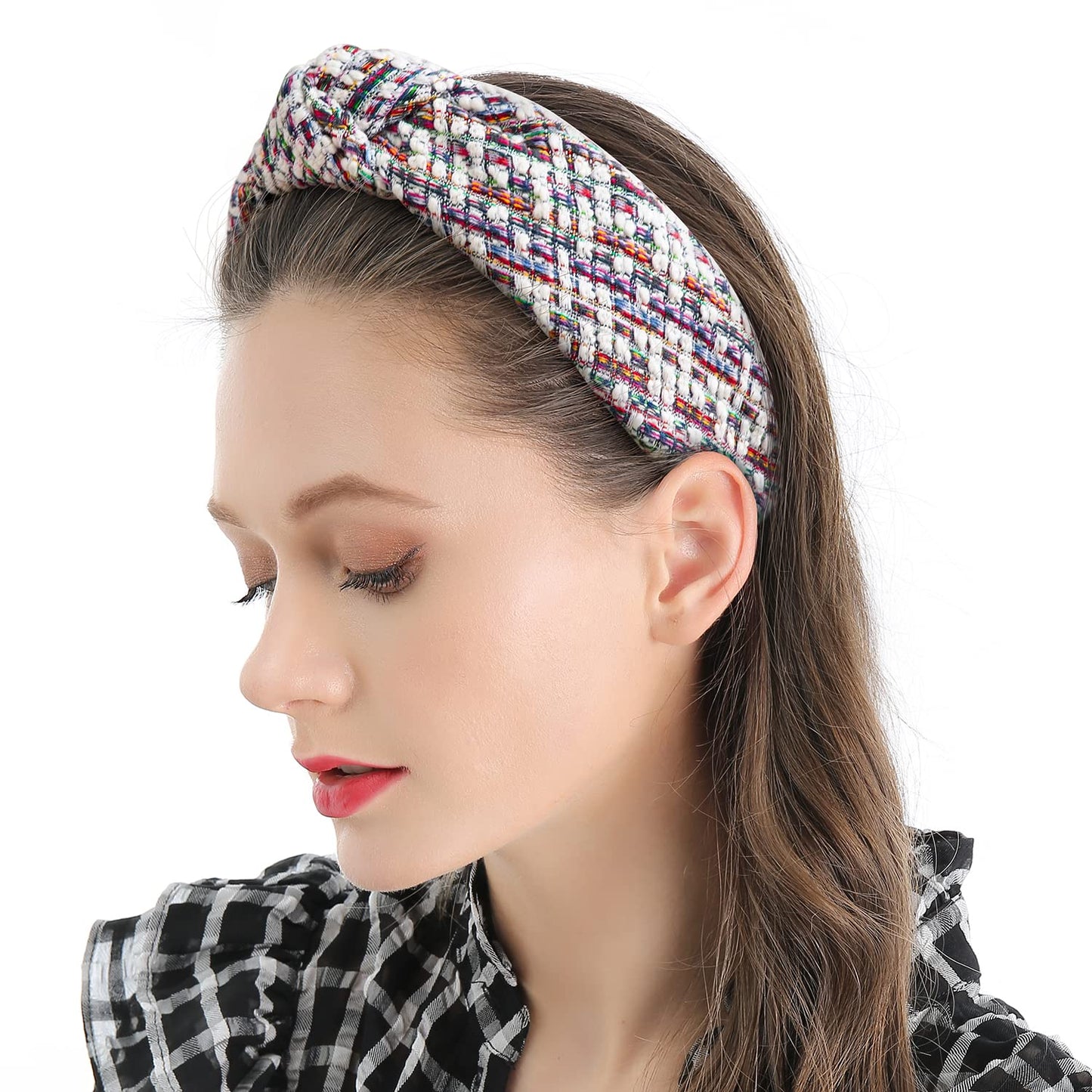 QIANXUAN Knotted Turban Headbands - Knit Plaid Elegant Twill Hair Top Knot Headband, Fashion Brown Hairband For Women and Girls