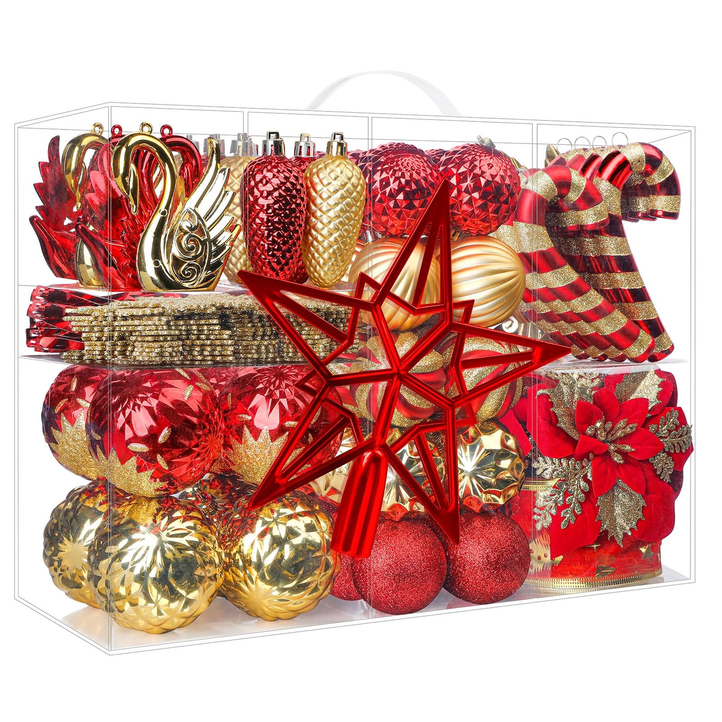 Alupssuc 128pcs Christmas Balls Ornaments Set, Shatterproof Plastic Baubles Christmas Flowers, Ribbon and Tree Topper for Xmas Tree Holiday Wedding Party Decorations with Hanging Strings, Red and Gold