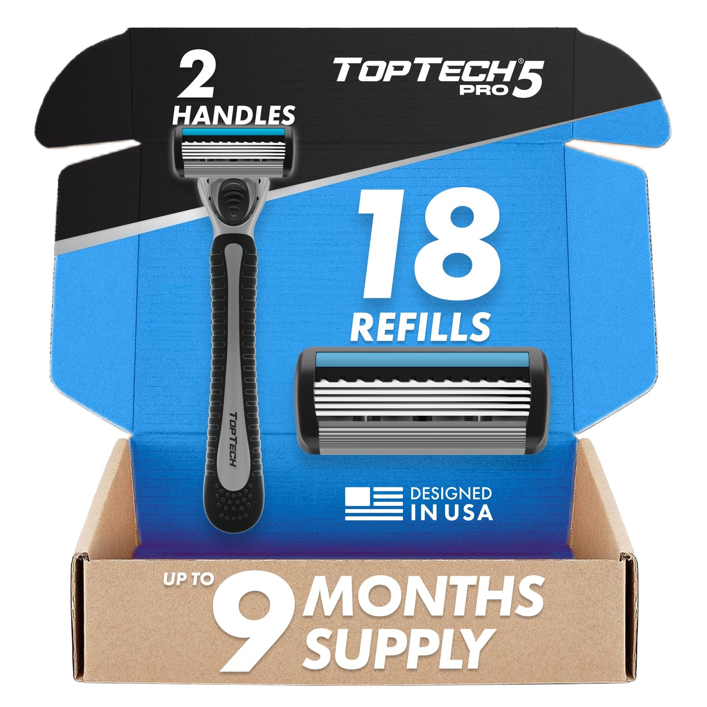 TopTech PRO 5 Razors for Men Double Set - Manual Shaving Razors & Refills, 20 Count Pack (2 Handles + 18 Replaceable Cartridges), 5-Blade Technology - Soft Shave & Sharp Blades - Cost-effective Refill