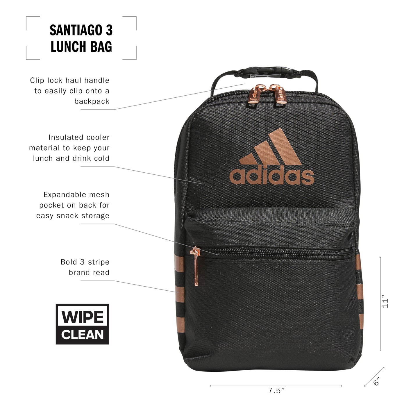 adidas Santiago Insulated Lunch Bag (6.5L) with Clip Lock Handle, Carbon Grey/Rose Gold, One Size