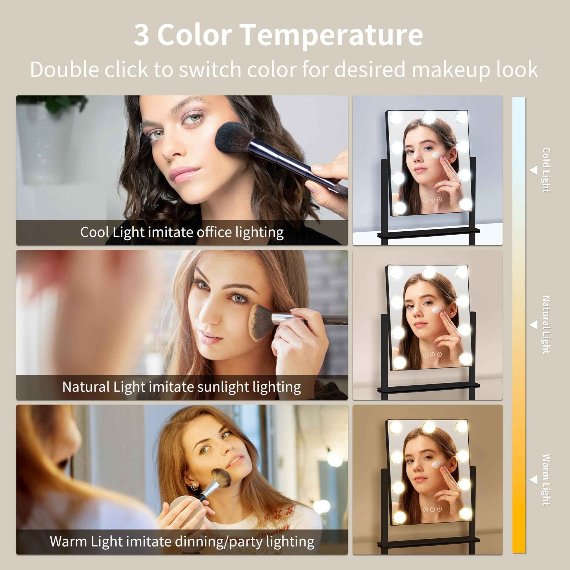 NUSVAN Vanity Mirror with Lights,Makeup Mirror with Lights with 9 Dimmable LED Bulbs, 3 Color Lighting Modes Detachable 10X Magnification Mirror Touch Control,360°Rotation