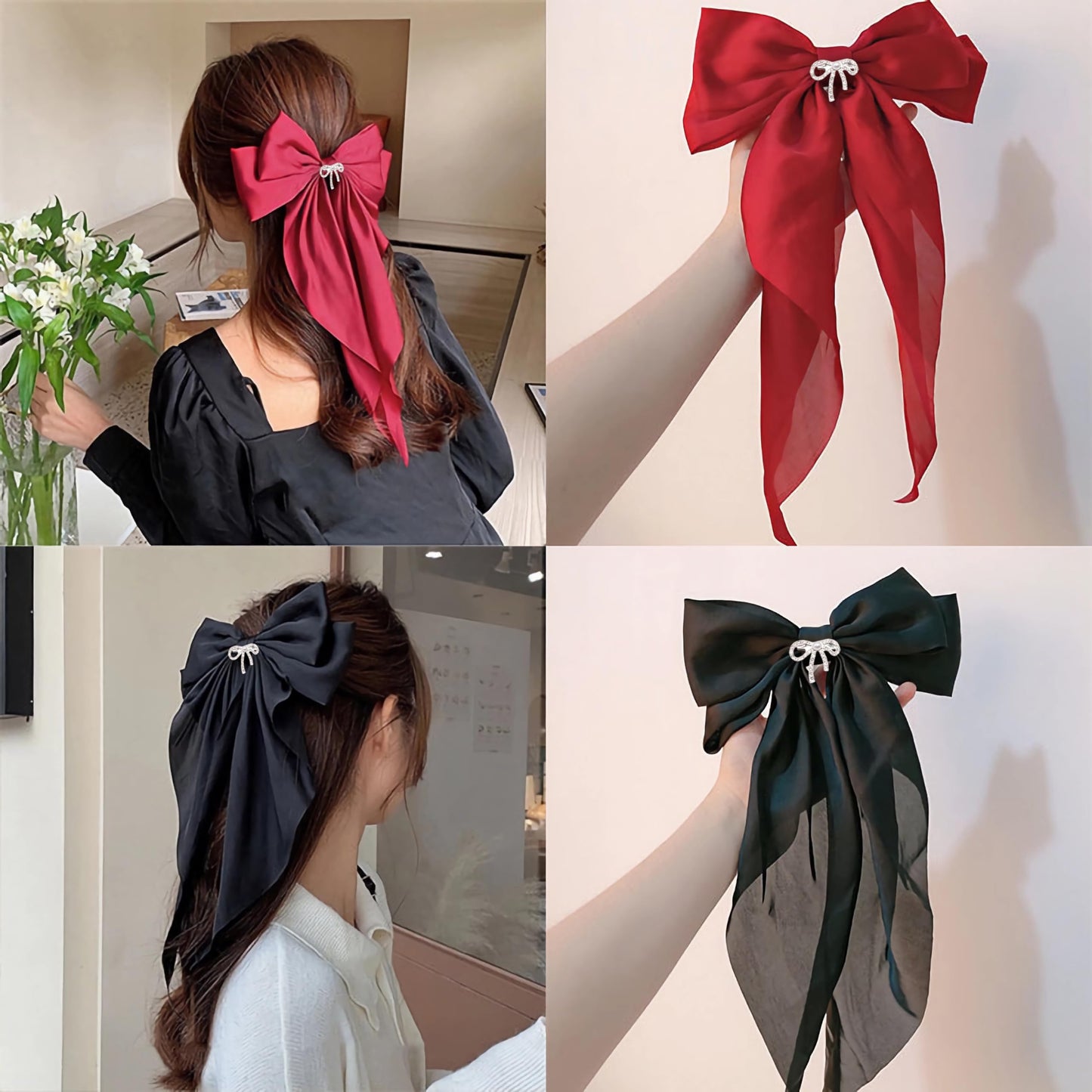 Big Bow Hair Clips for Women And Girls, Cute Silky Satin Bows Barrettes Hair Accessories Oversized Long Tail Ribbons Metal Hairpin 2pcs (black+wine red)