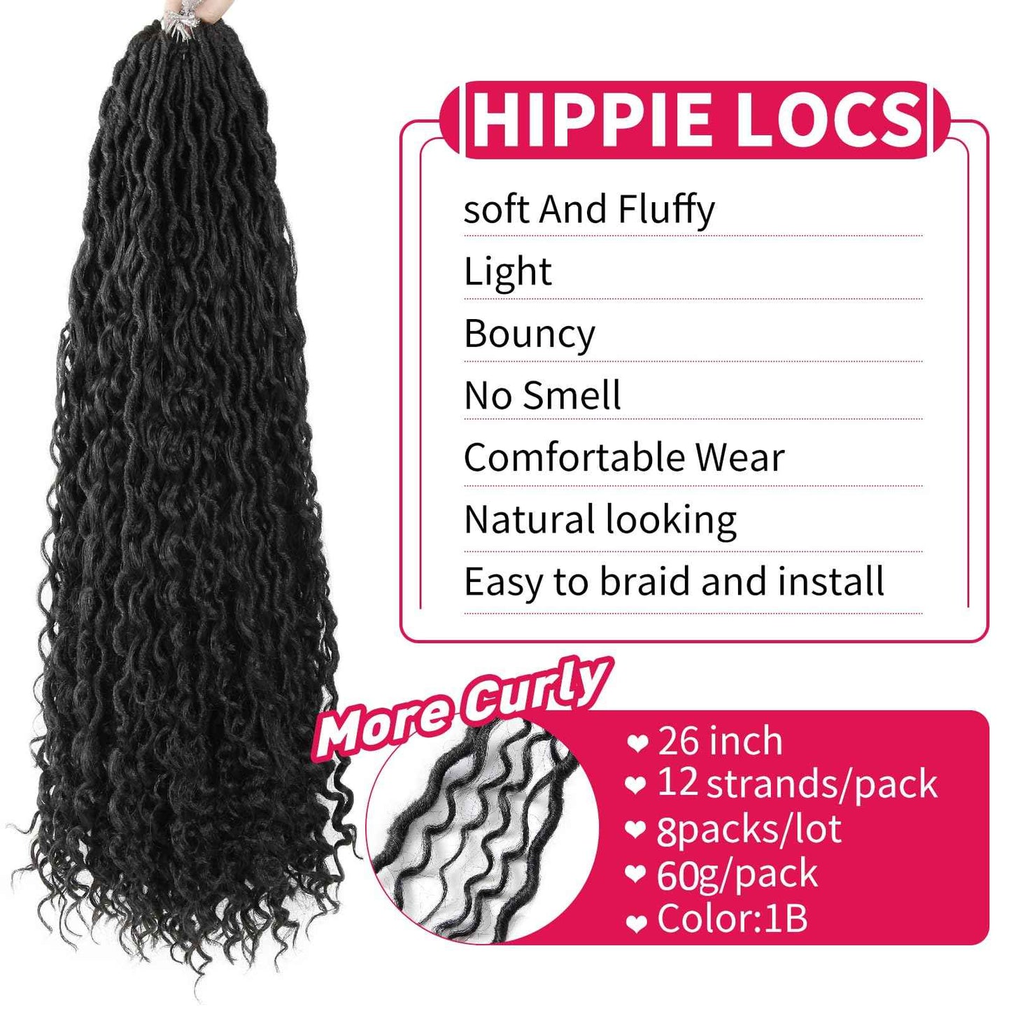 Goddess Locs Crochet Hair 26Inch 8Packs Boho Faux Locs,Crochet Loc With Curly Ends River Hippie Bohemian Loc Crochet Hair for Black Women(1B, 26inch(Pack of 8))