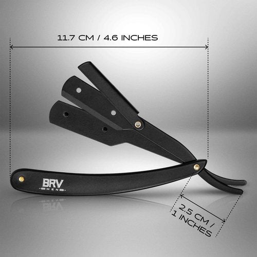 BRV MEN Professional Straight Edge Barber Razor w/ 100 Single Edge Razor Blades | Straight Razors for Men | Barbershop Accessories | Mens Shaving Knife & Shavette - Black