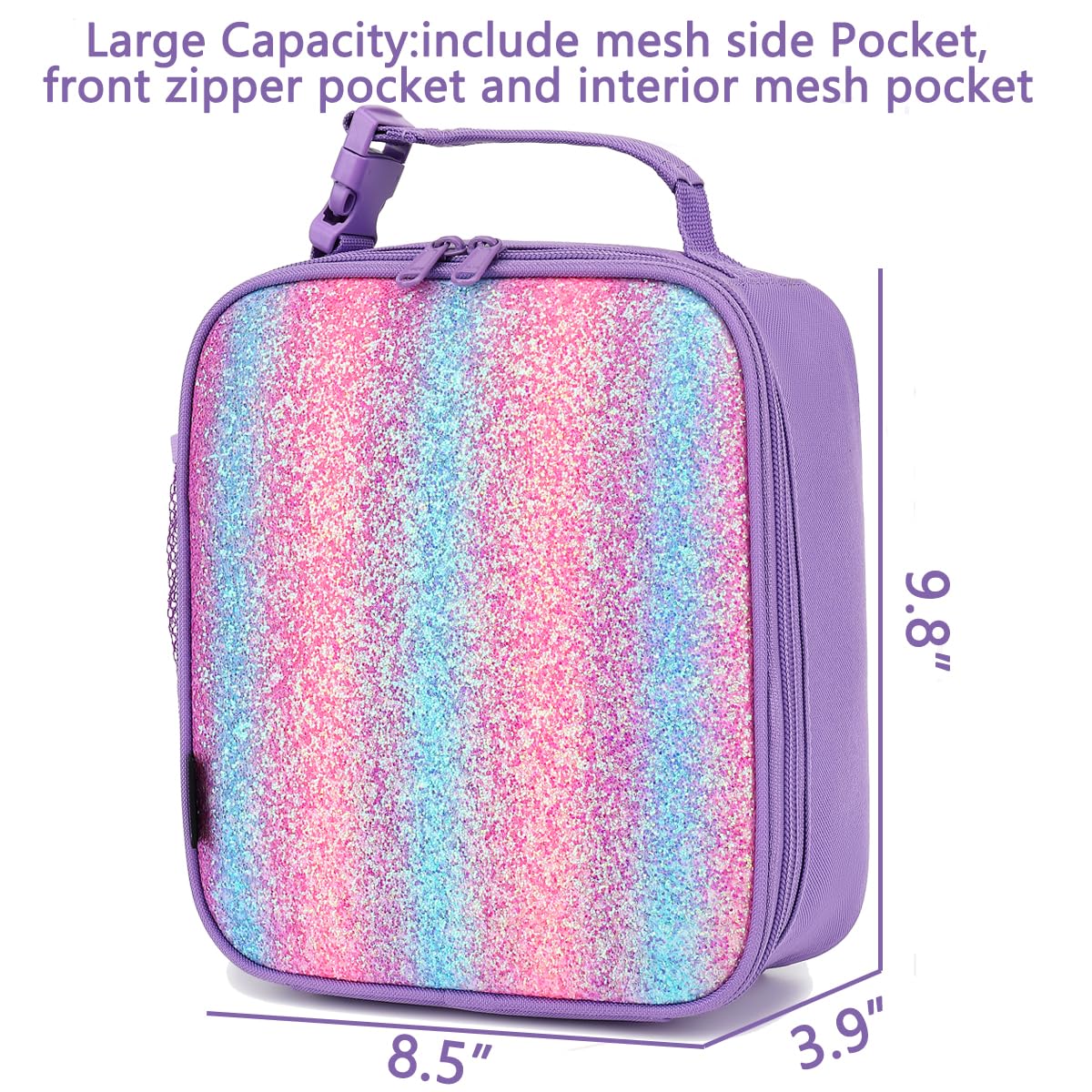 FlowFly Lunch box Insulated Soft Bag Mini Cooler Back to School Thermal Meal Tote Kit for Girls, Boys,Purple#Glitter