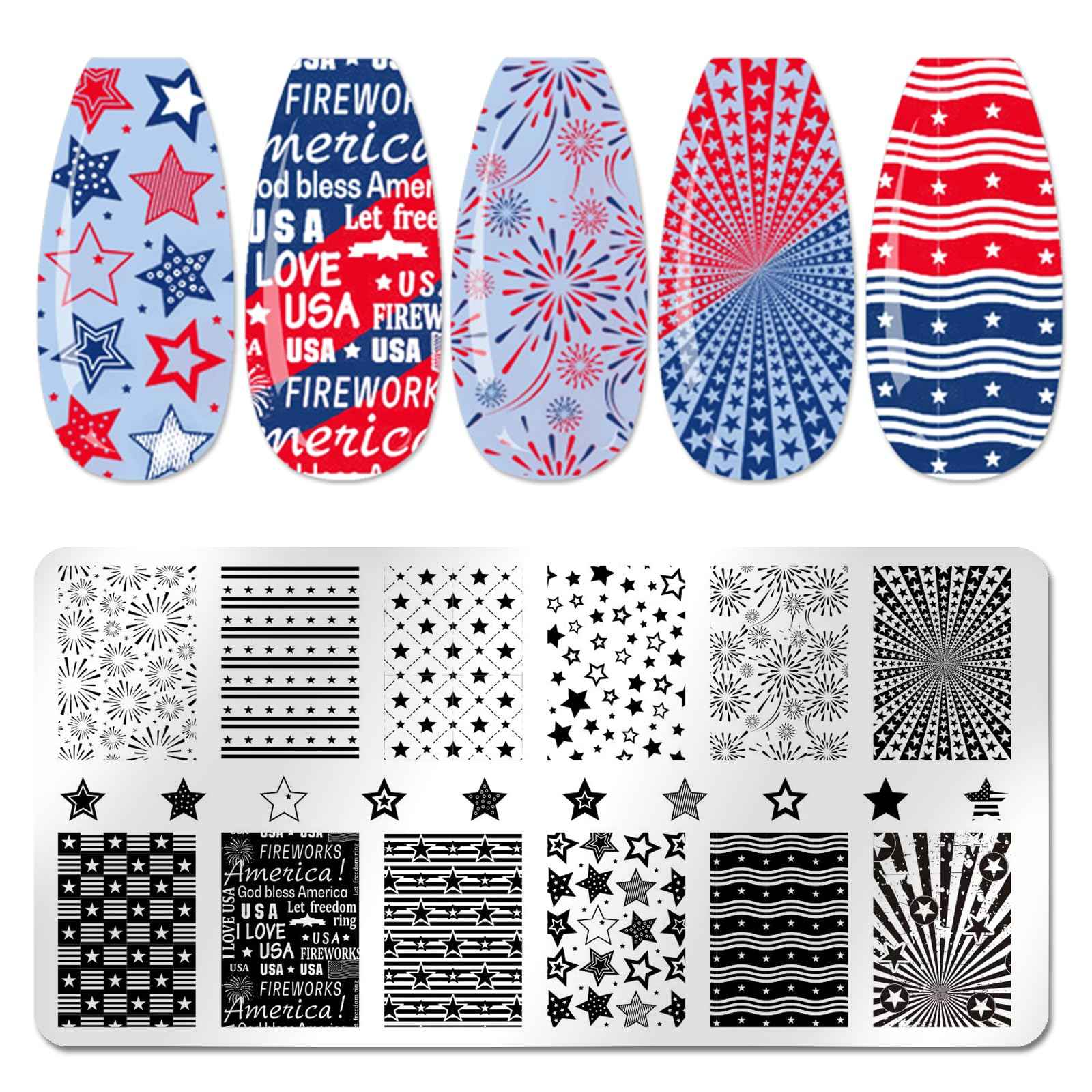 JERCLITY 6pcs 4th of July Nail Stamping Plates Independence Day Nail Stamping Kit Patriotic American Flag Star Statue of Liberty Image Plates Nail Art Design Template Print Nail Stamper Kit for Women