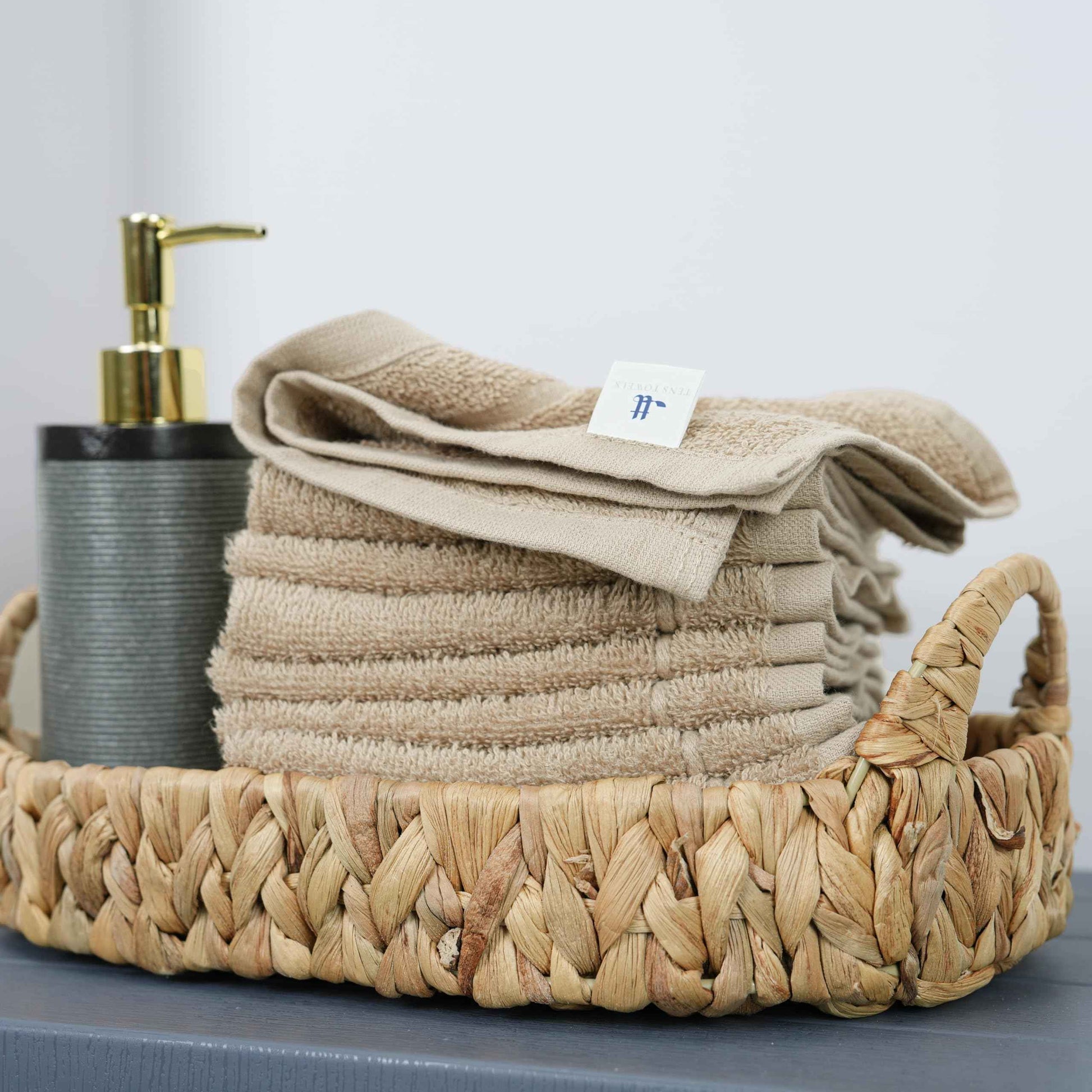 Tens Towels Pack of 12 Washcloths, 12 x 12 Inches, Lighter Weight, Quick to Dry, Super Soft & Absorbent, Gentle Face Towels, Hotel Quality, Perfect for Bathroom, Gym, Spa (Beige, 12 Pack)