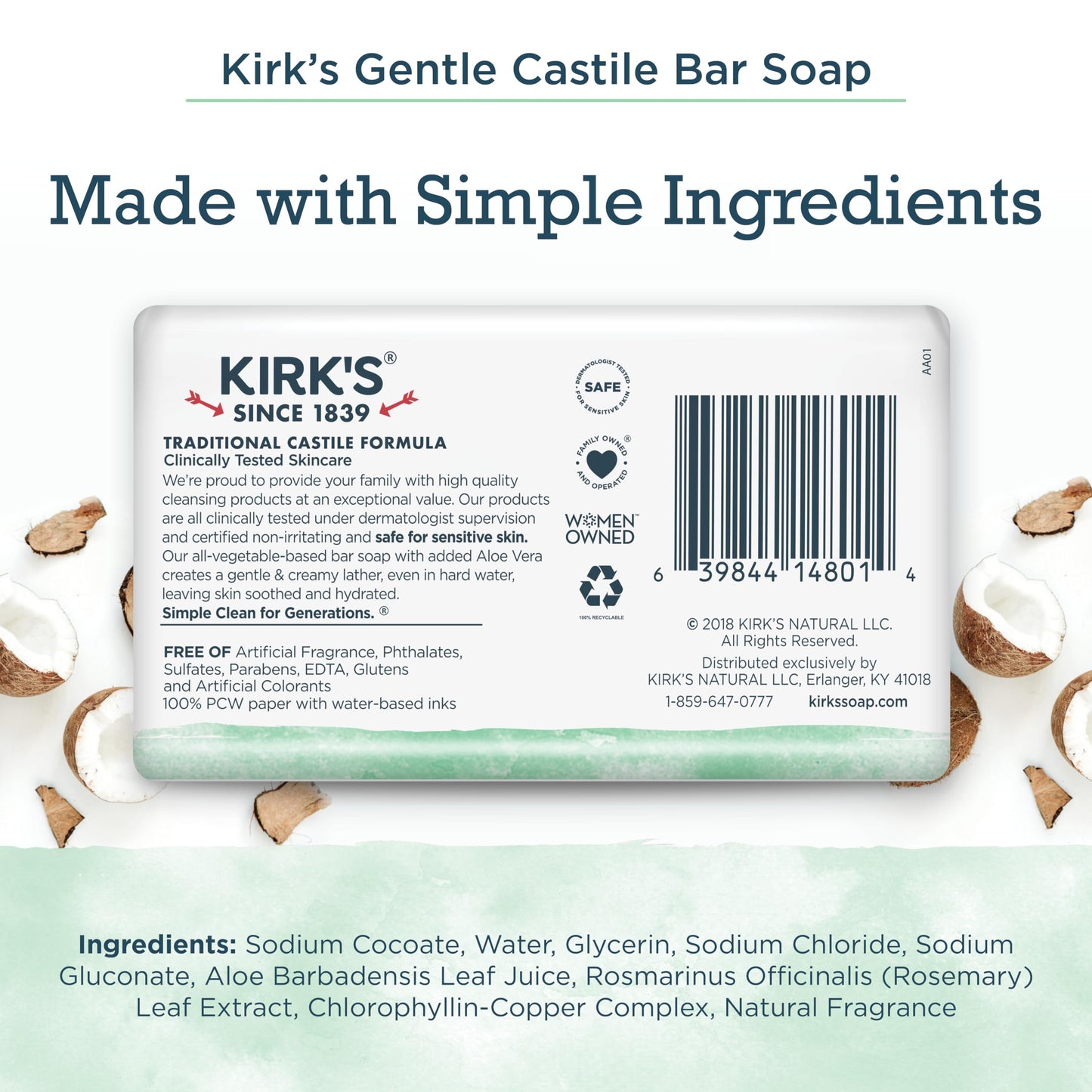 Kirk's Castile Bar Soap for Men, Women & Children - Made with Premium Coconut Oil, Sensitive Skin Formula, Vegan, Non GMO, Aloe Vera, 4 oz. Bars 6 Pack