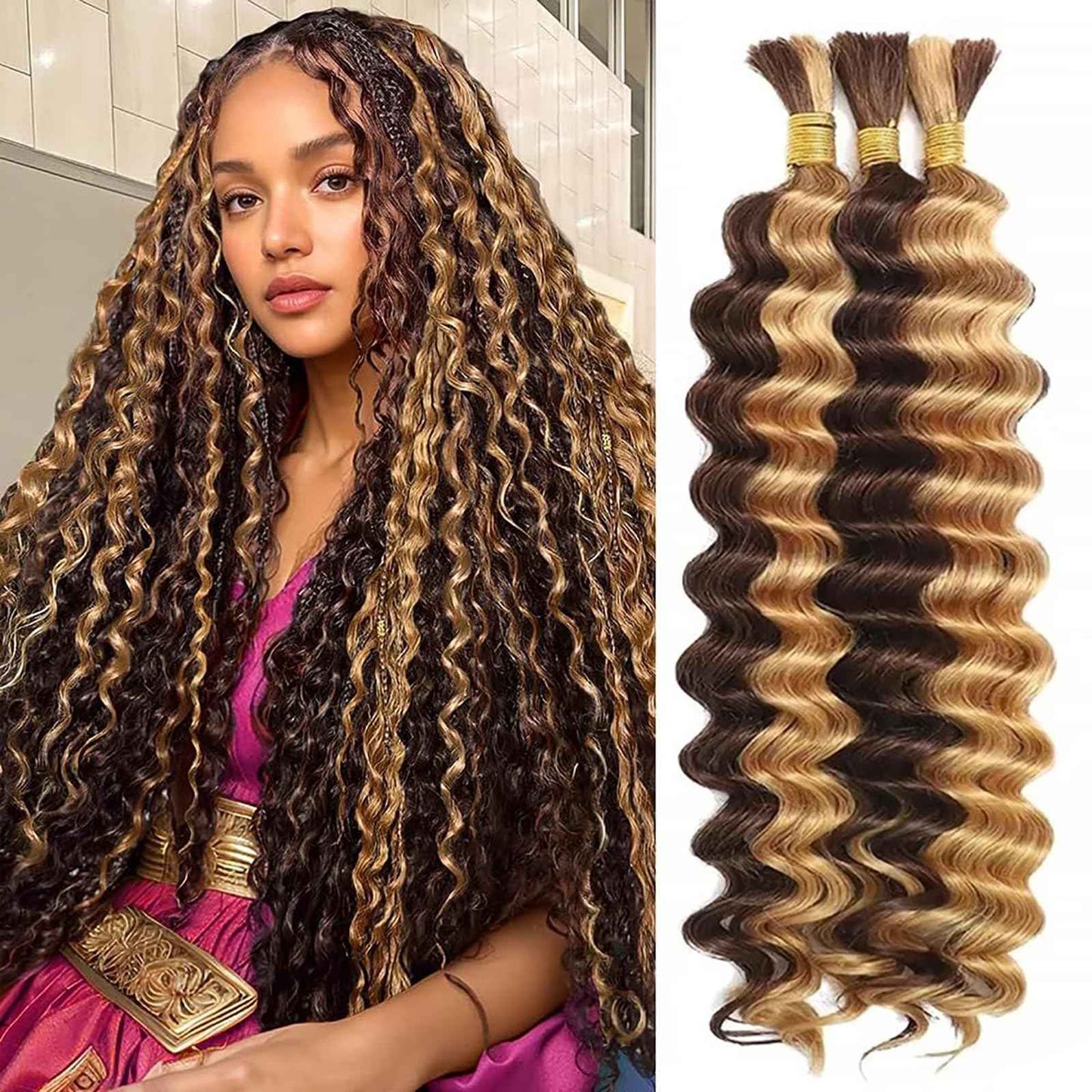 MYMYDA Human Braiding Hair for Boho Braids 14 Inch Curly Deep Wave Bulk 2 Bundles 100g 100% Unprocessed Virgin Hair Knotless Bohemian Braids Extensions Highlight Honey Blonde Color