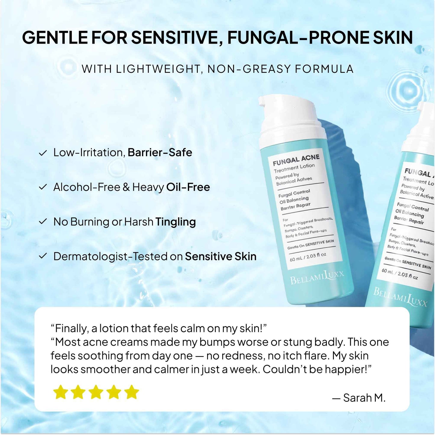 BellamiLuxx Fungal Acne Treatment Lotion: Effective Face & Body Pimple Cream for Bumps, Clusters, Itch & Redness – Fungal Prone Skin Acne Treatment Moisturizer for Teens & Adults with Natural Actives