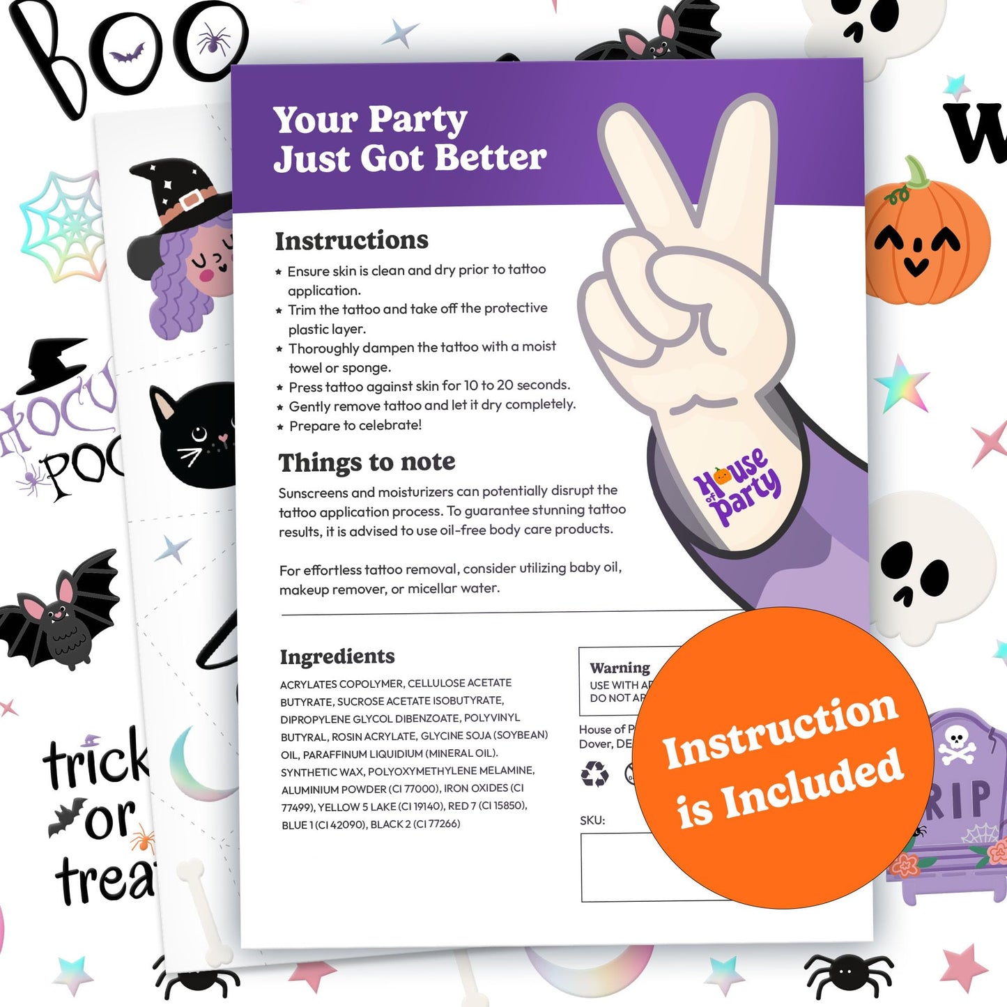 HOUSE OF PARTY Halloween Temporary Tattoos for Kids - Pack of 144 - Glow in the Dark Tattoos - Non-Toxic Waterproof Stickers for Boys and Girls - Ideal for Happy Halloween Decorations!