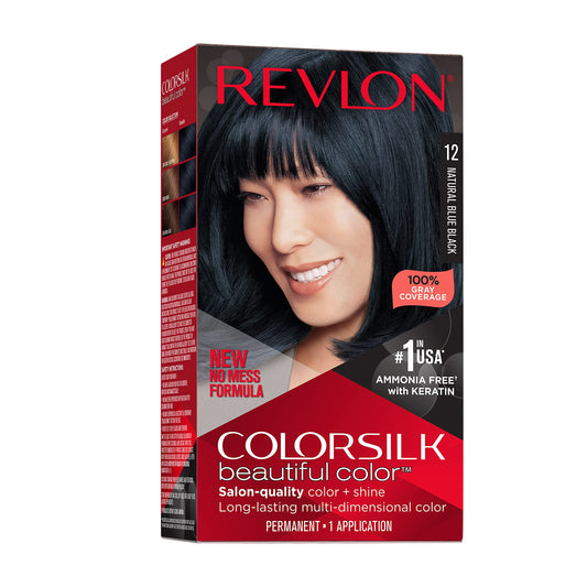 Revlon Colorsilk Beautiful Color Permanent Hair Color, Long-Lasting High-Definition Color, Shine & Silky Softness with 100% Gray Coverage, Ammonia Free, 012 Natural Blue Black, 1 Pack