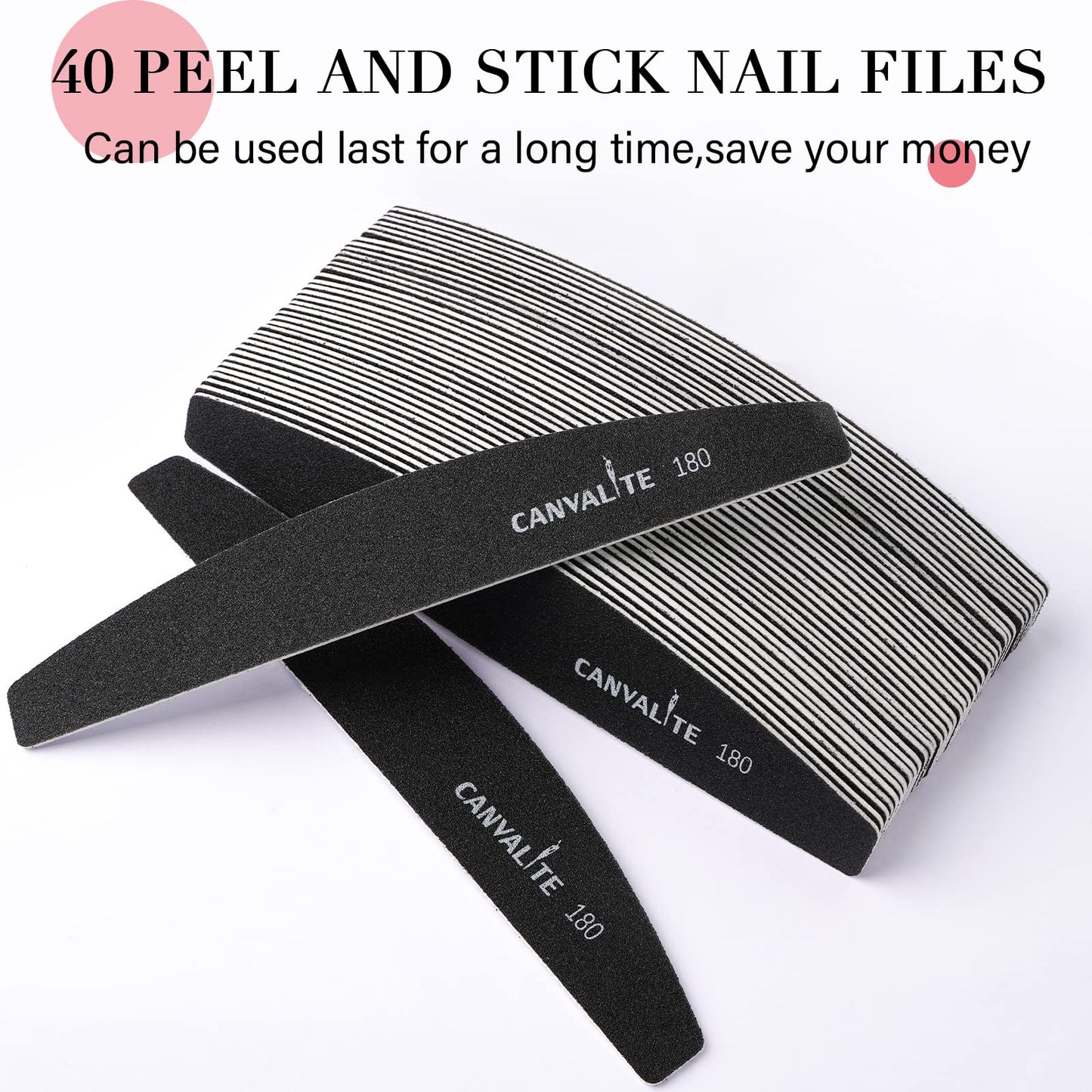 Canvalite 40 PCS Nail File Professional Reusable Peel and Stick Nail Files Replaceable Emery Boards 180 Grit Fingernail Files Manicure Tools for Home and Salon Use