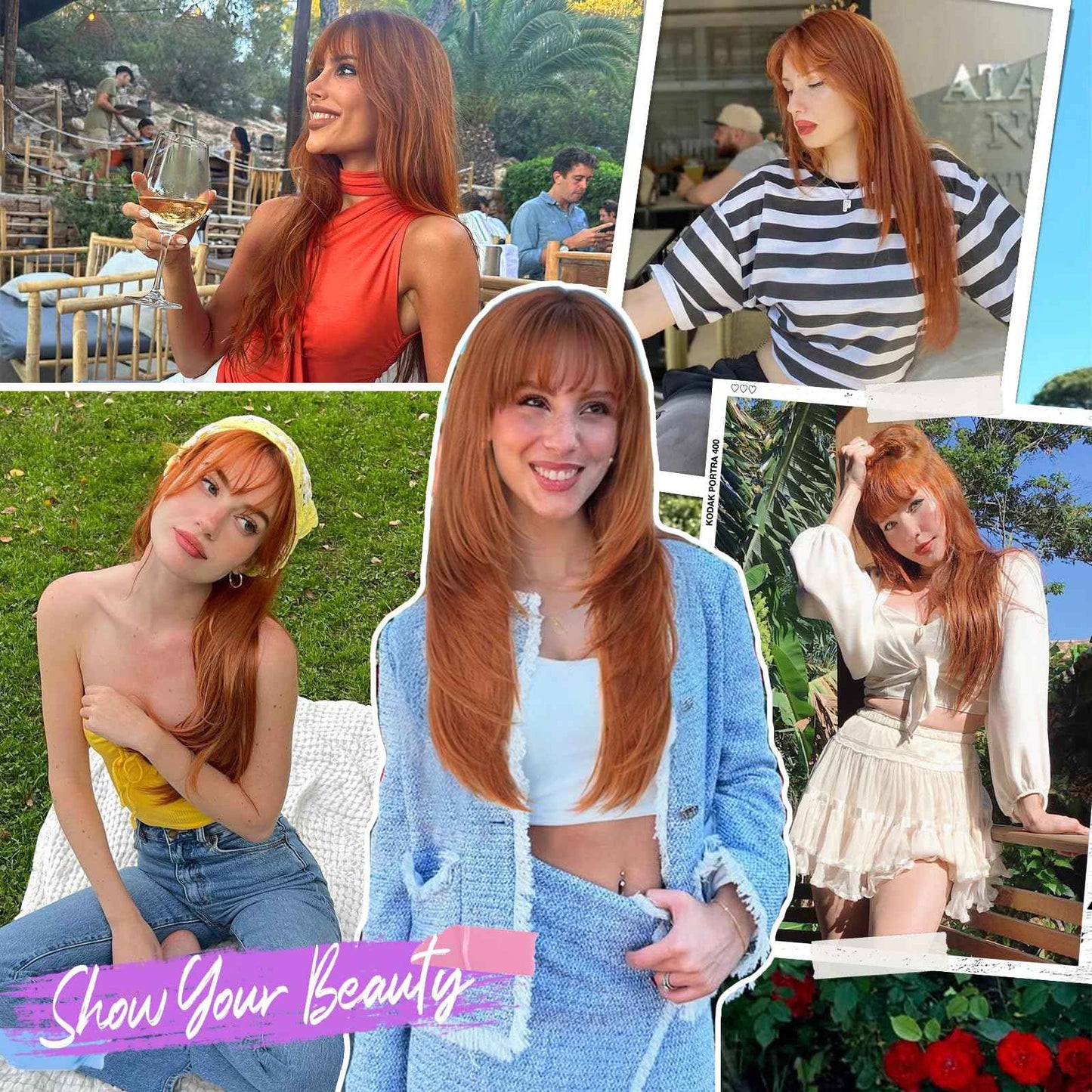 Eawwii Long Ginger Wig with Bangs for Women,4x4 Realistic Scalp, Free Parting,Layered Hairstyle Synthetic Heat Resistant for Daily Party Use 26 inch