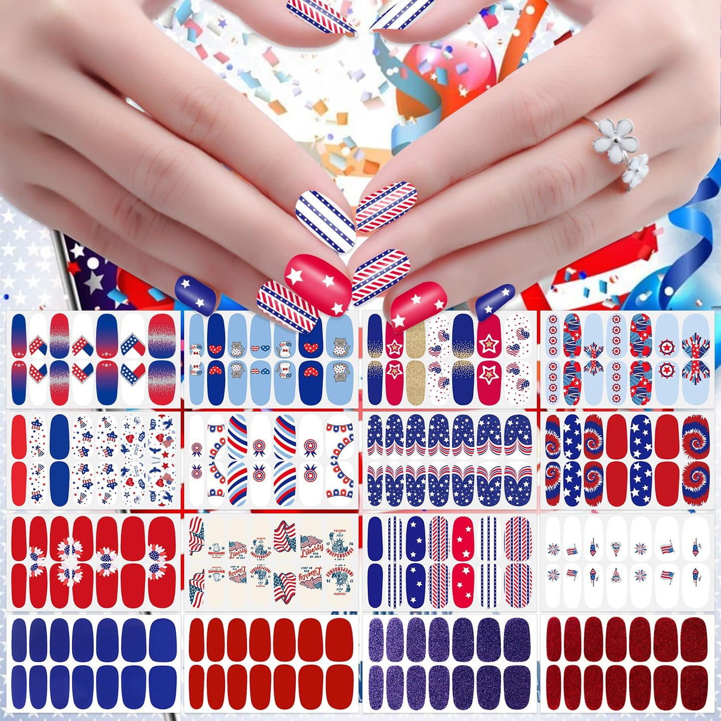 JERCLITY 224 Pieces 16 Sheets Independence Day Nail Polish Strips Patriotic American Flag Nail Wraps Nail Art Stickers 4th of July Self-Adhesive Solid Color Nail Decals Manicure for Memorial Day