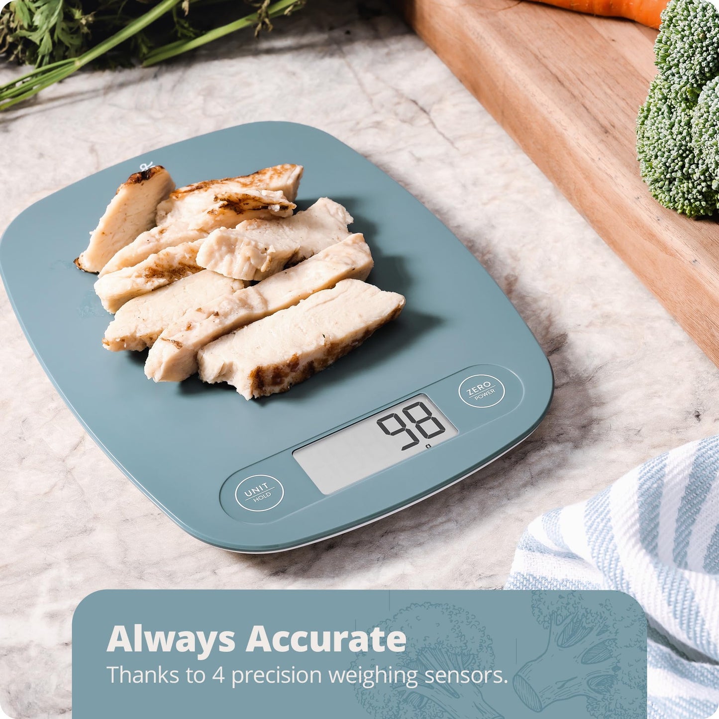 Greater Goods Digital Kitchen Scale - Cooking, Baking, Meal and Food Prep Scale, Weighs in Grams, Pounds and Ounces, Stone Blue