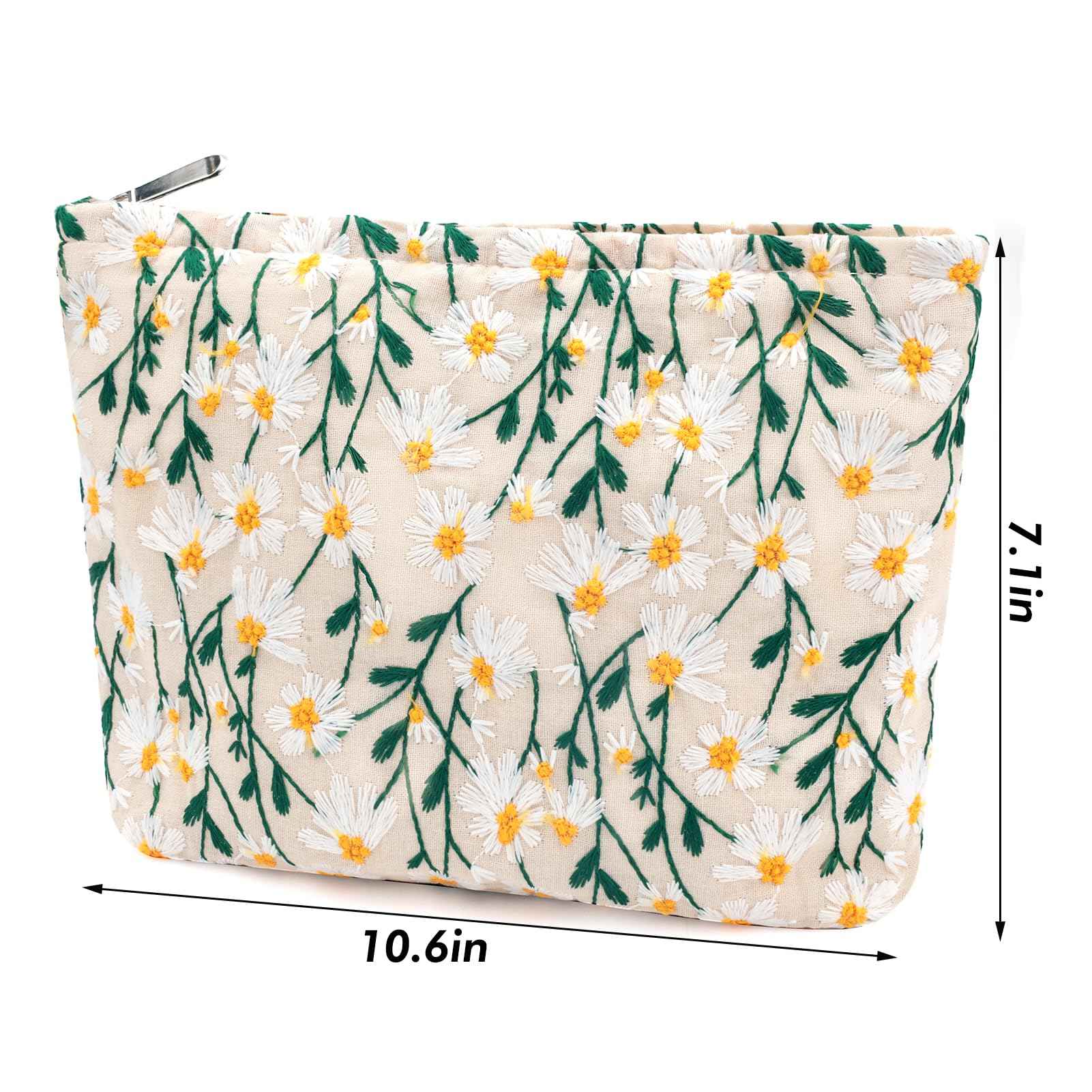 URSKYTOUS Flower Makeup Bag Travel Daisy Floral Cosmetic Bag for Women Cute Makeup Pouch Zipper Cosmetic Pouch for Purse Jacquard Aesthetic Floral Skincare Bag Portable Travel Toiletry Bag Organizer