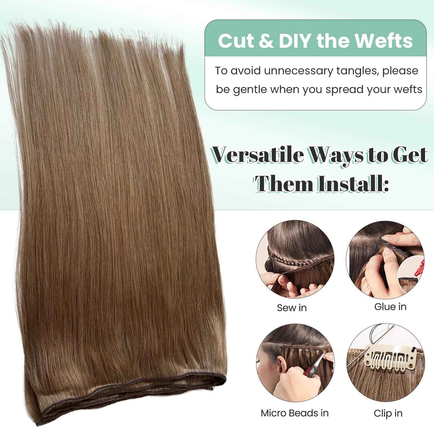 Weft Hair Extensions Human Hair Ash Brown Sew in Extensions Hand Tied Double Weft 12 Inch Thick Ash Brown Hair Weave Bundles Straight Sew in Real Human Hair Weft Extensions for Women