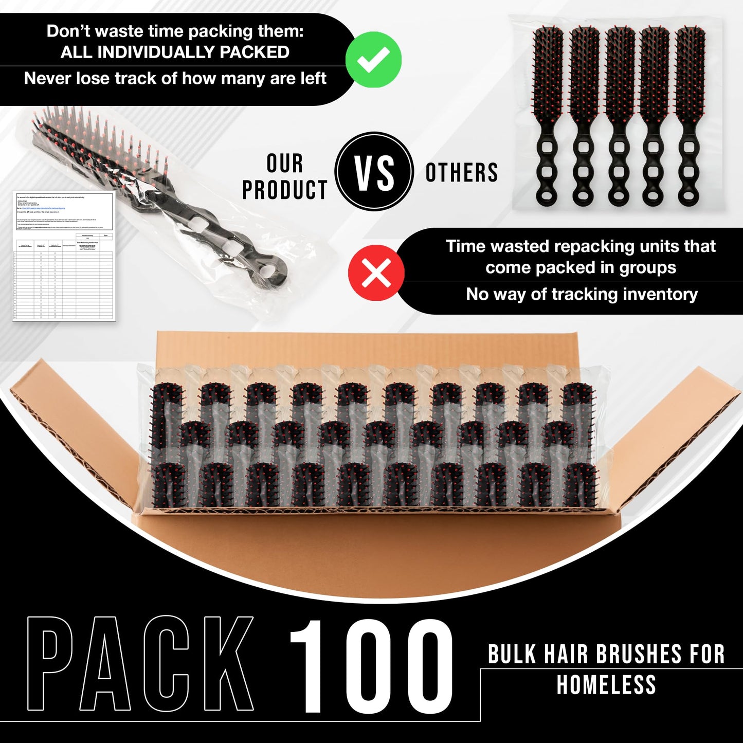 Bulk Hair Brushes for Homeless Supplies Bulk - 100 Pack, Individually Wrapped, Black Hairbrush; Includes Easy To Use Sheet for Brush Count Tracking at Shelter; Helps Promote Hygiene, Confidence