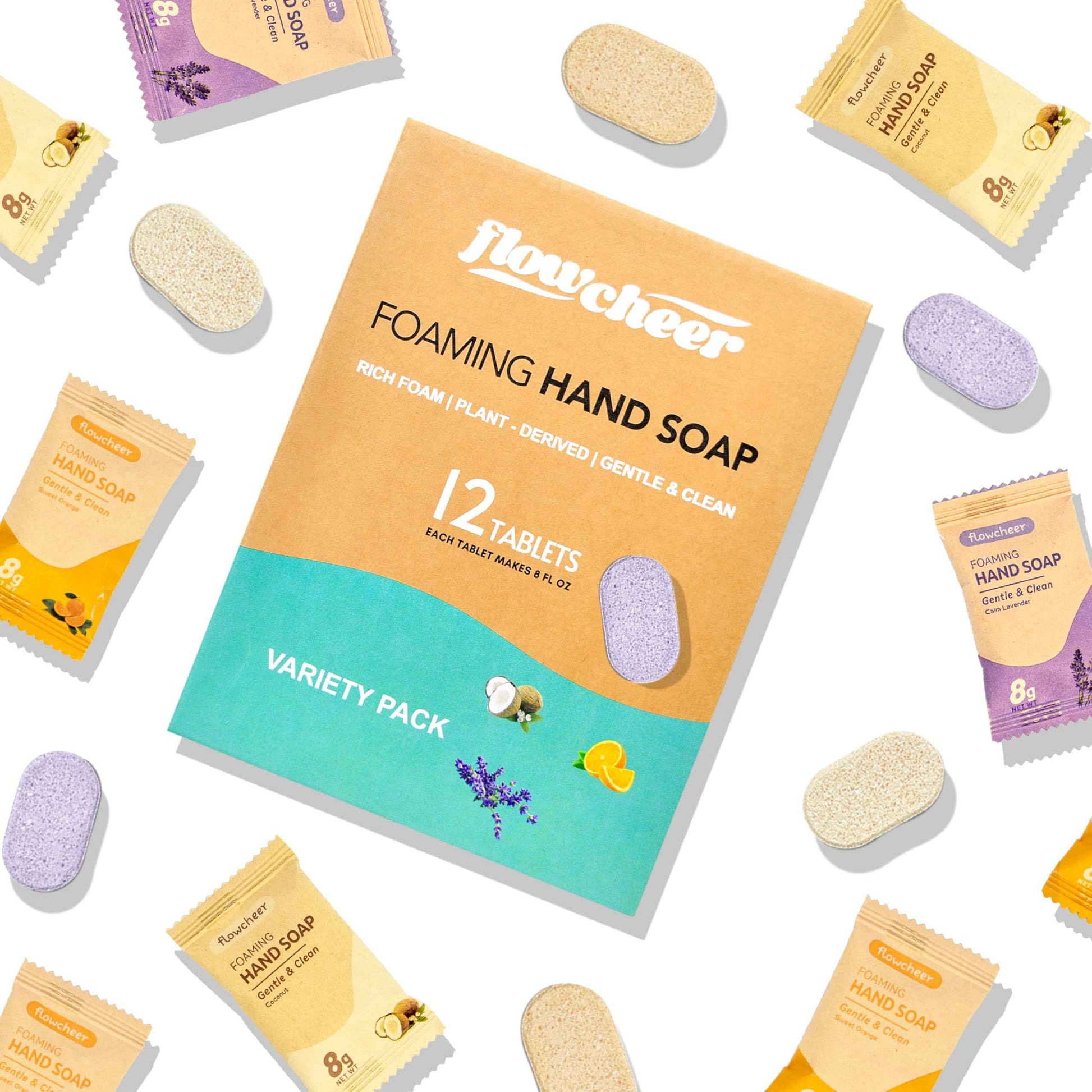 flowcheer Foaming Hand Soap Tablet Refills+ Pump Bottle Dispenser 12 OZ/350 ML Refillable with 12 Pack Variety Fragrance Soap Refills Tablet