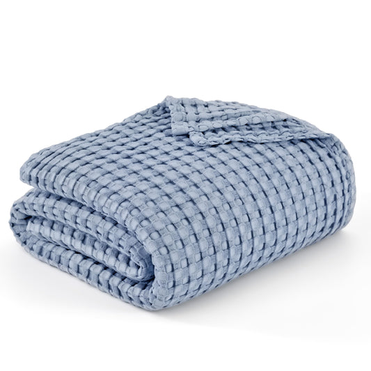 Bedsure Cooling Cotton Waffle Queen Size Blanket - Lightweight Breathable Blanket of Rayon Derived from Bamboo for Hot Sleepers, Luxury Throws for Bed, Couch and Sofa, Fog Blue, 90x90 Inches