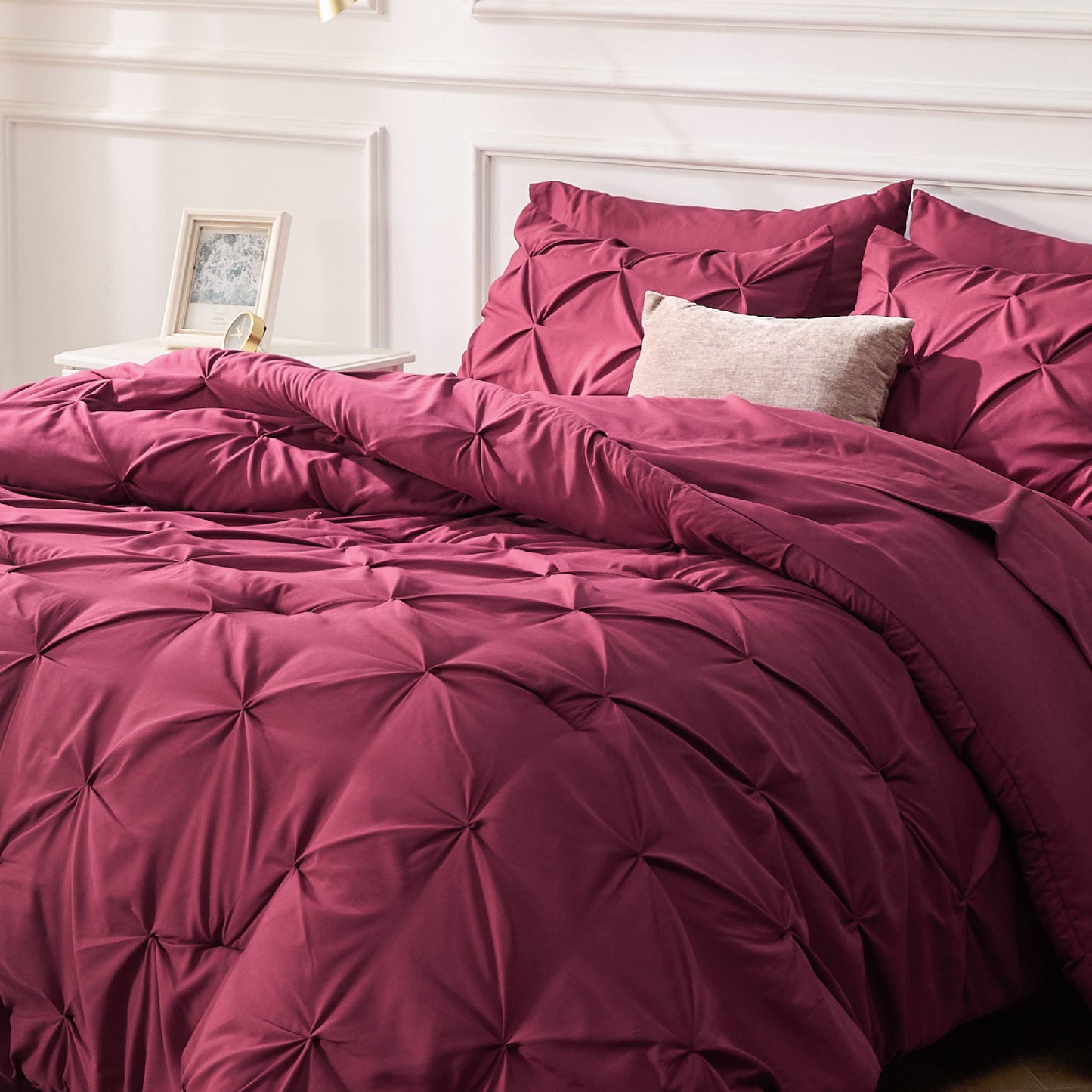 Bedsure Twin/Twin XL Comforter Set with Sheets - 5 Pieces Twin Bedding Sets, Pinch Pleat Burgundy Twin Bed in a Bag with Comforter, Sheets, Pillowcase & Sham