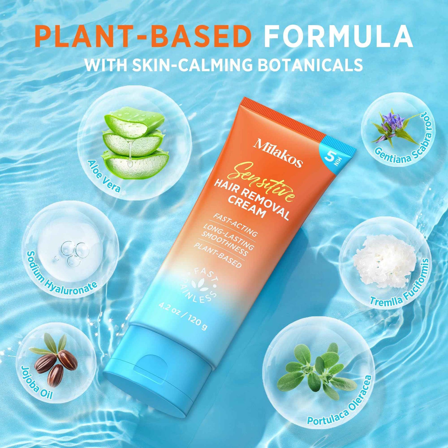 Milakos Painless Hair Removal Cream - Soothing Depilatory for Women with Sensitive Skin. Enriched with Aloe, Chamomile & Vitamin E, For Legs, Arms, Bikini & Underarms.