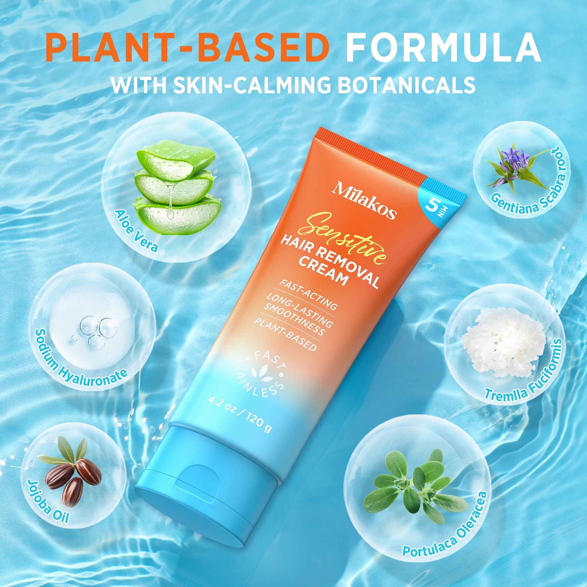 Milakos Painless Hair Removal Cream - Soothing Depilatory for Women with Sensitive Skin. Enriched with Aloe, Chamomile & Vitamin E, For Legs, Arms, Bikini & Underarms.